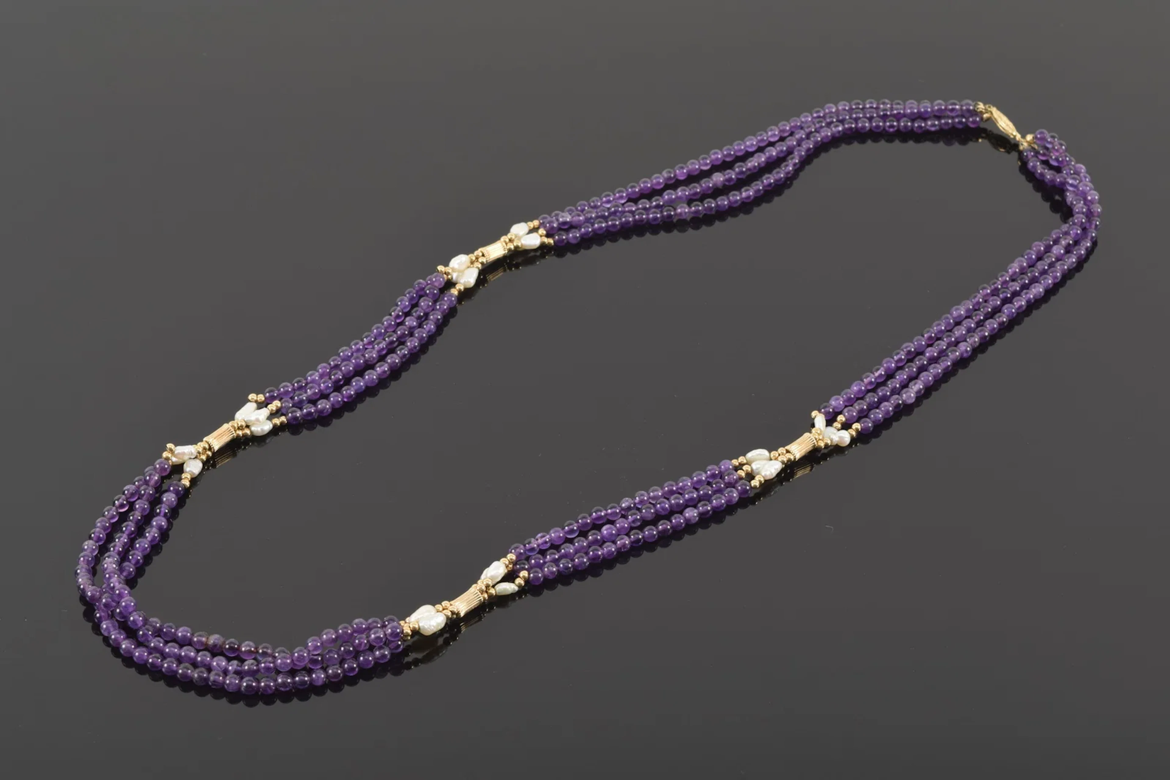 14K gold triple-strand amethyst bead necklace with gold beads and