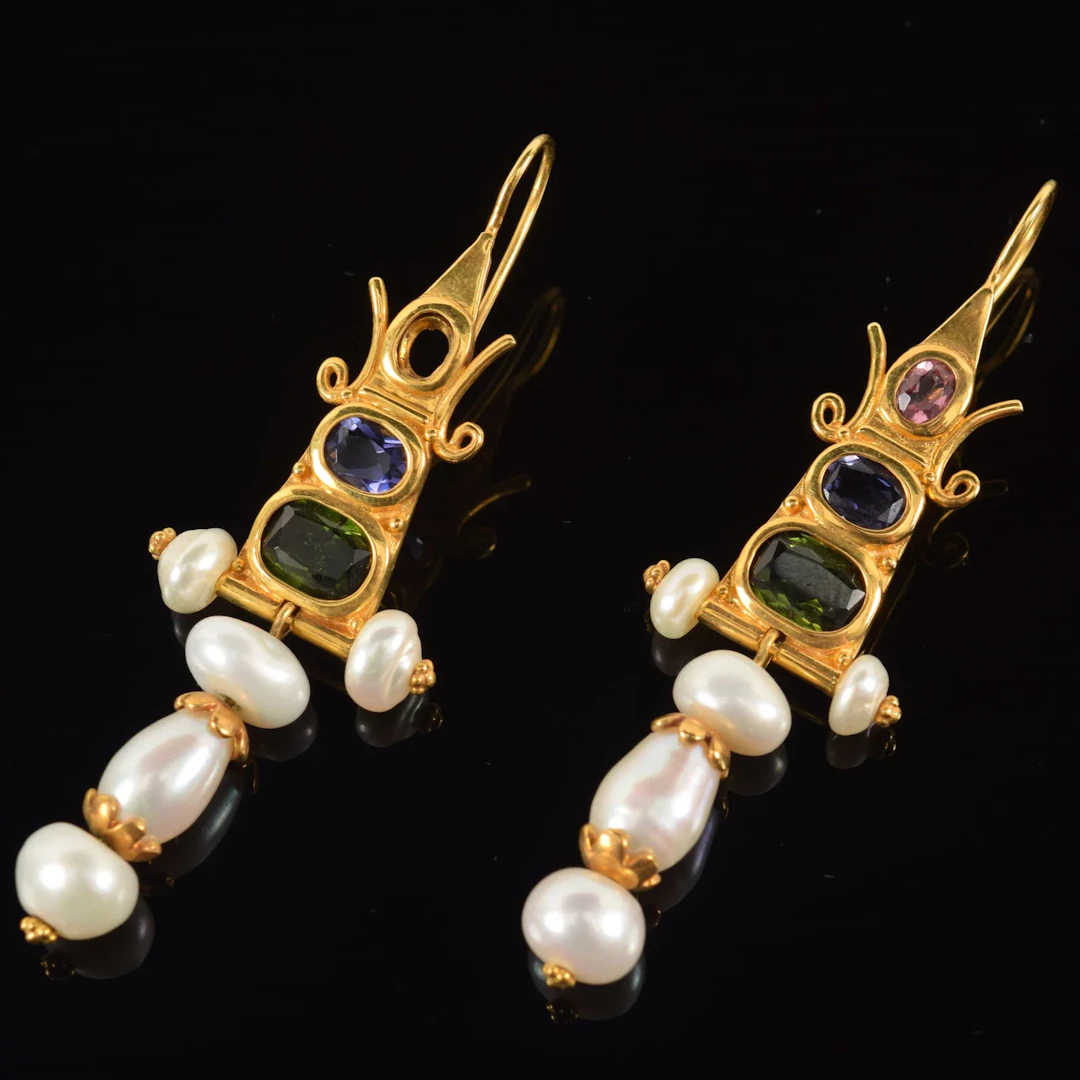 18K gold MMA reproduction Baroque style pearl and gem set earrings.