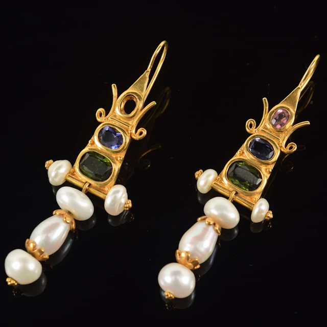 18K gold MMA reproduction Baroque style pearl and gem set earrings.