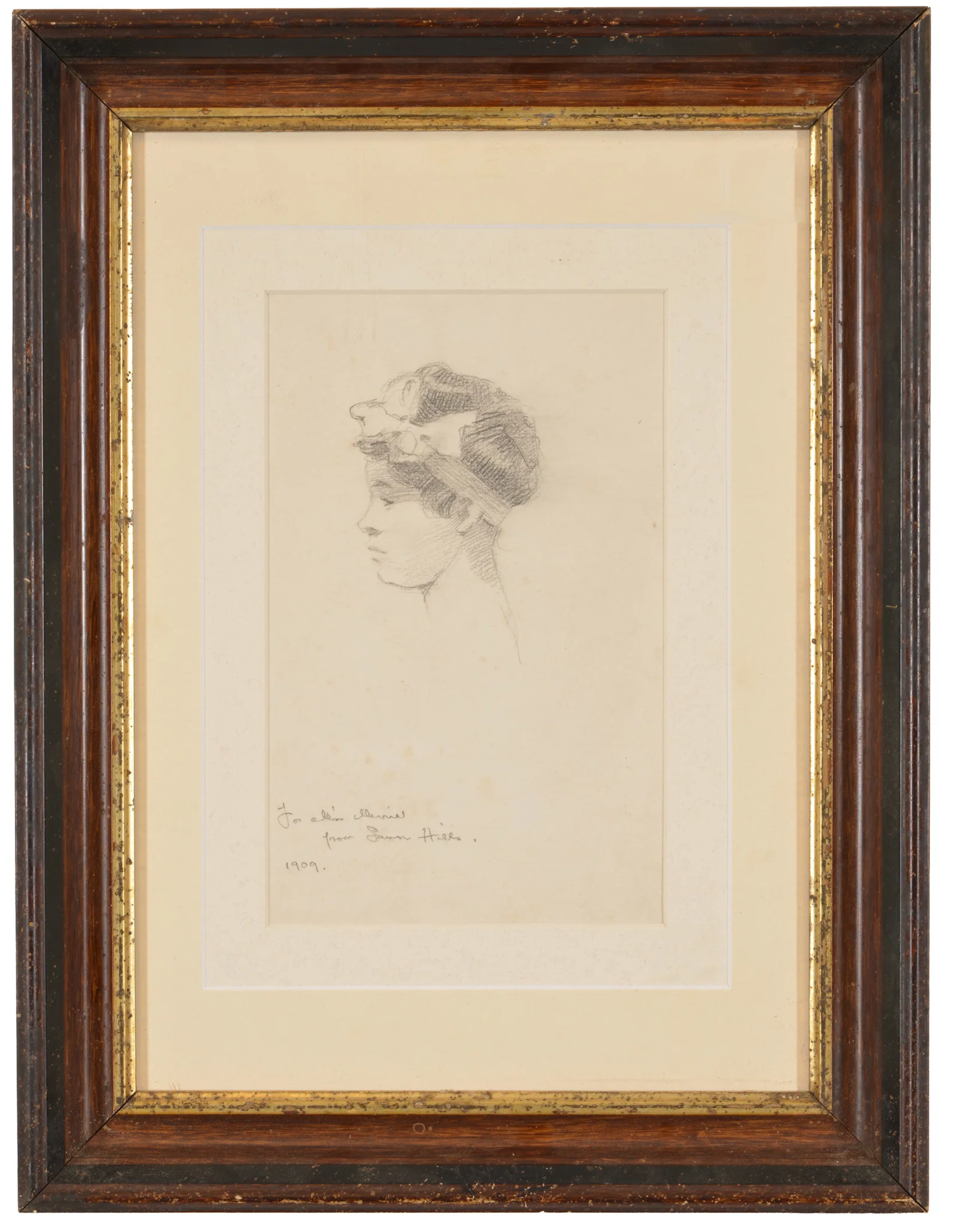 Laura Coombs Hills. Pencil drawing of a young woman in profile. Signed