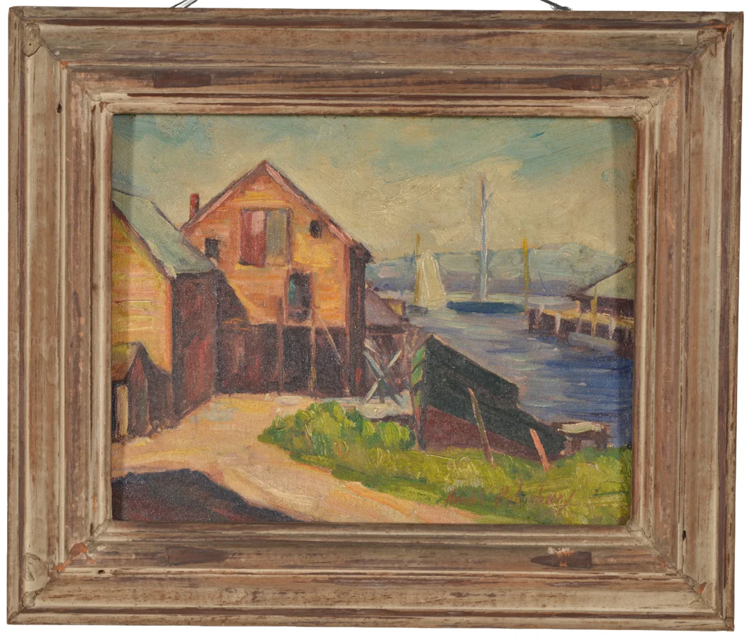 Harold Rotenberg. "Gloucester". 1917 harbor scene with buildings and