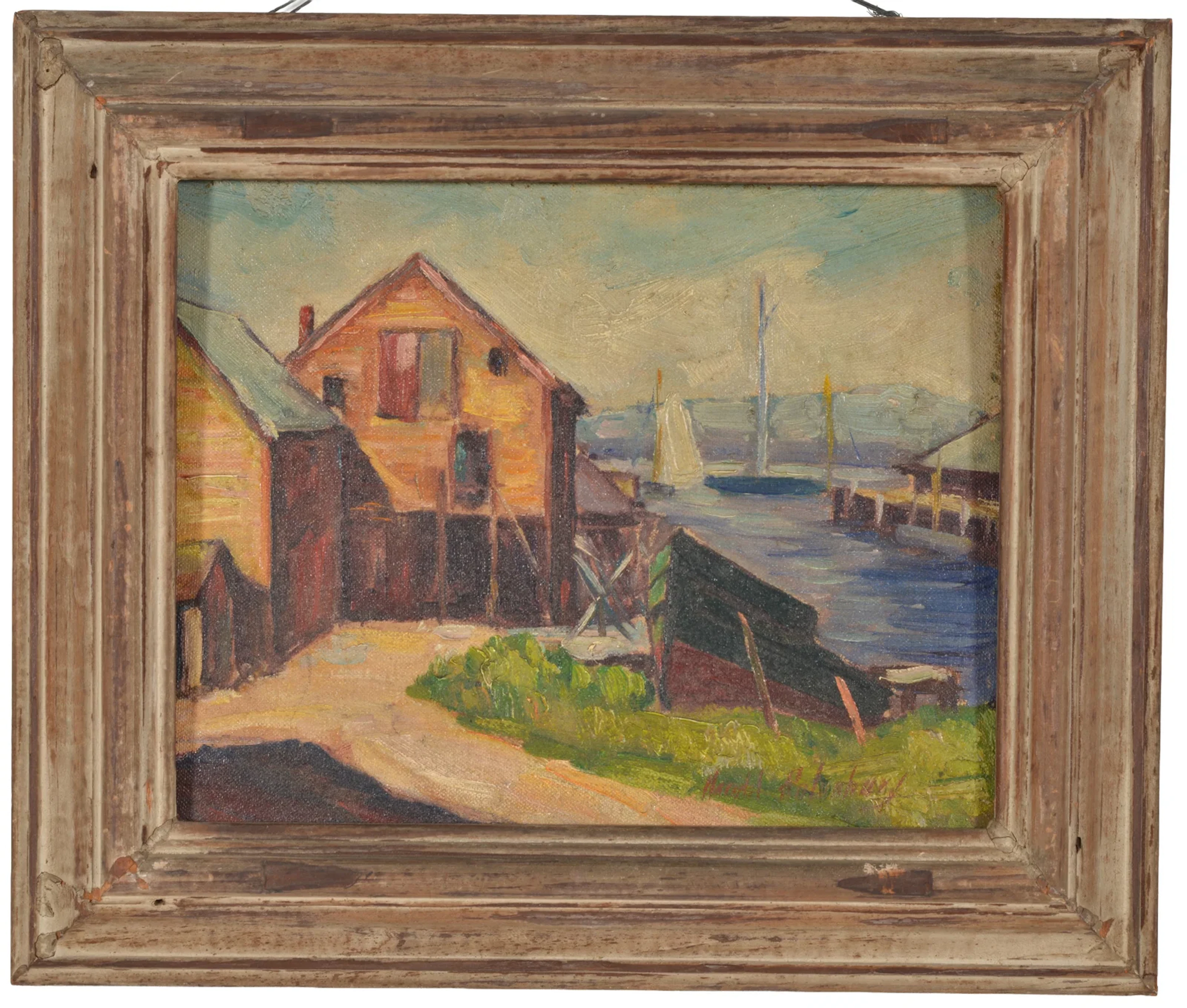 Harold Rotenberg. "Gloucester". 1917 harbor scene with buildings and
