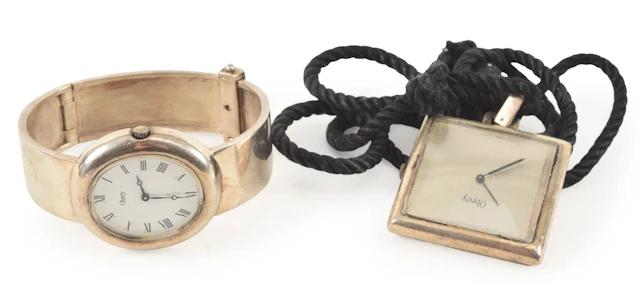 2 Obrey sterling silver watches, including wristwatch and pendant watch.