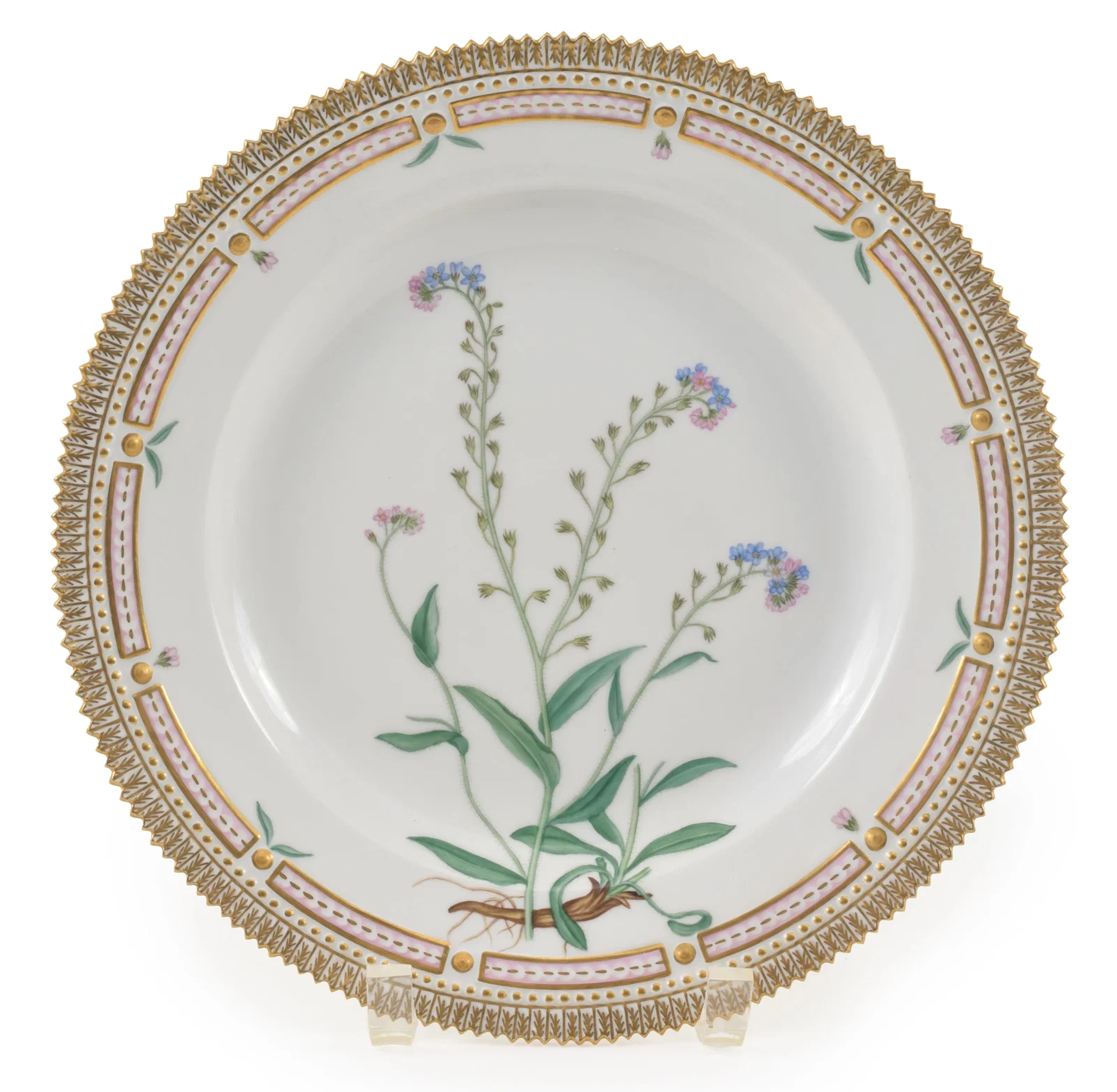 Royal Copenhagen flora danica plate with "Wood Forget-Me-Not" flowers.