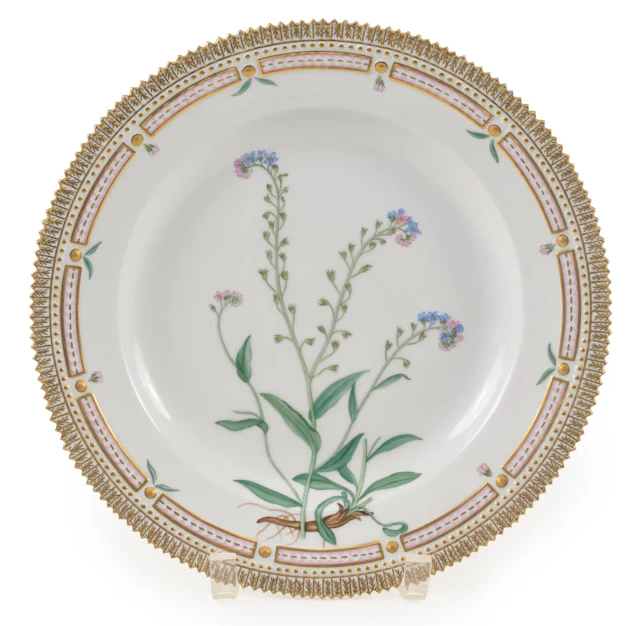 Royal Copenhagen flora danica plate with "Wood Forget-Me-Not" flowers.