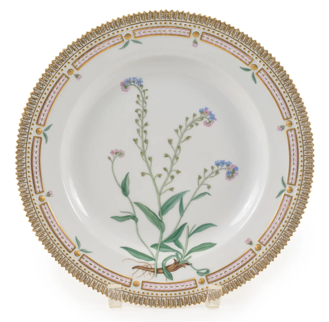 Royal Copenhagen flora danica plate with "Wood Forget-Me-Not" flowers.
