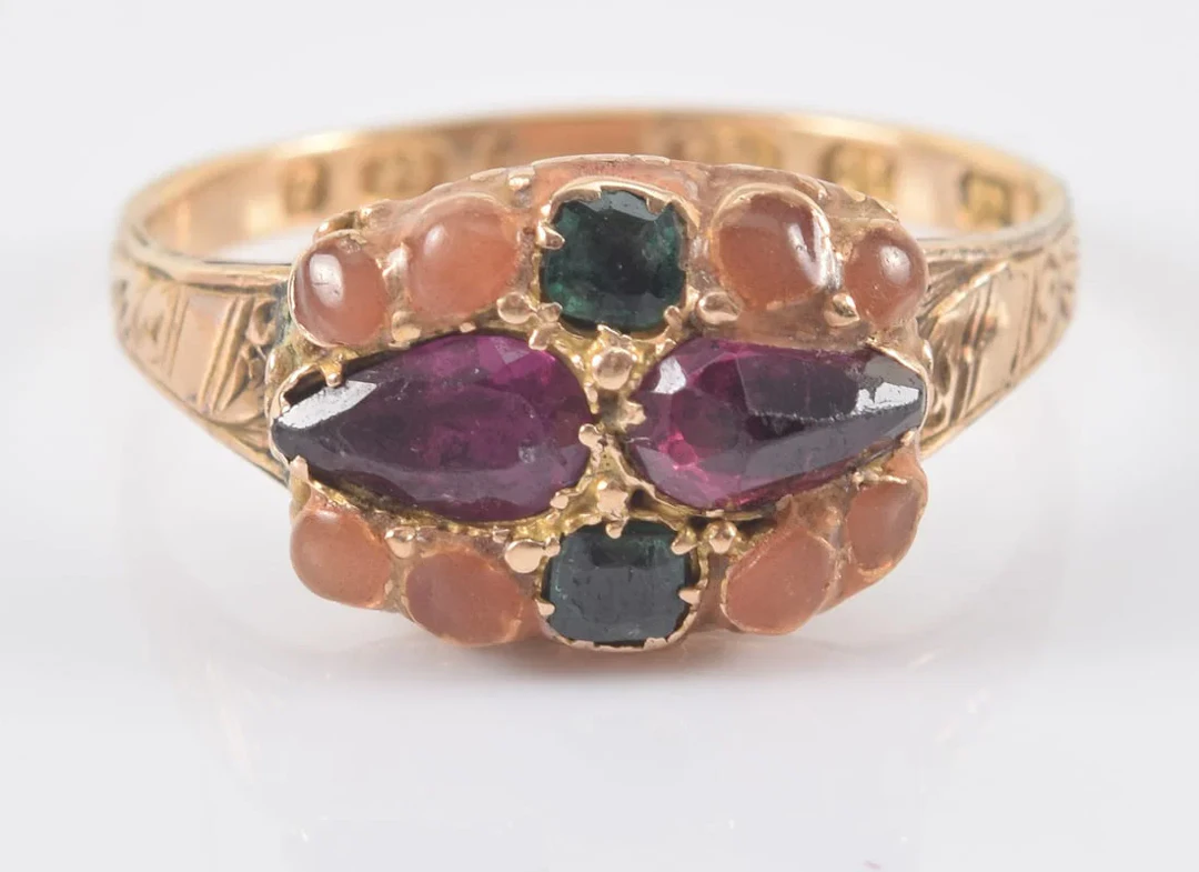 Antique English 15K gold amethyst and emerald ring. Engraved shank.