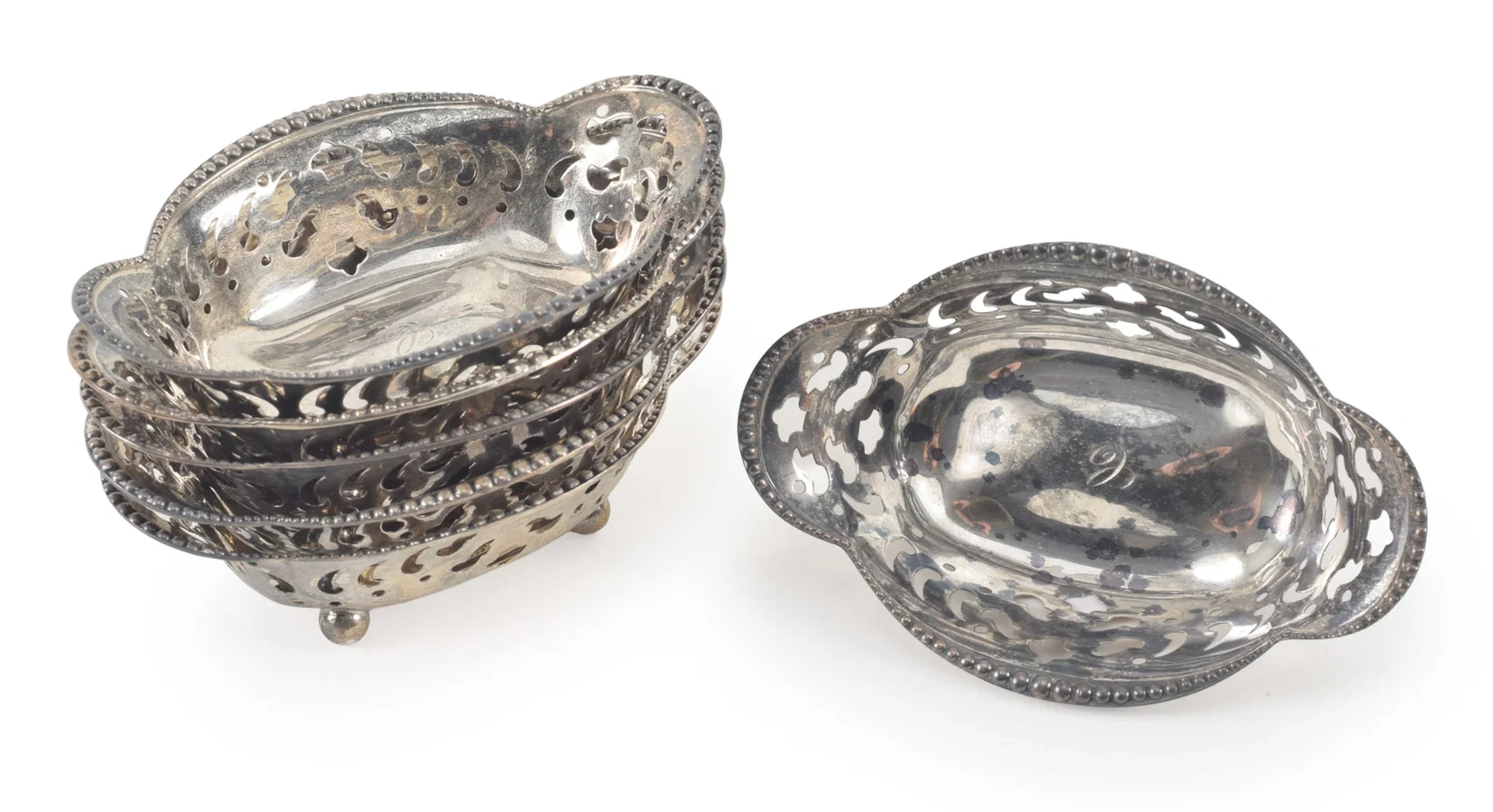 Set of 6 Tiffany & Co. Makers sterling silver nut dishes. Reticulated