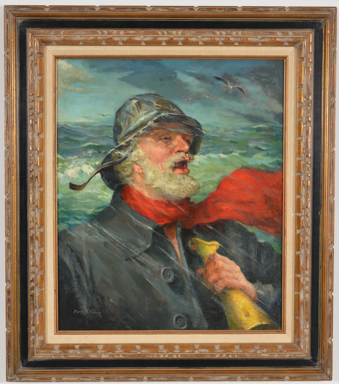 Charles A. Mahoney 1906-1992. Fisherman with red scarf. Signed and