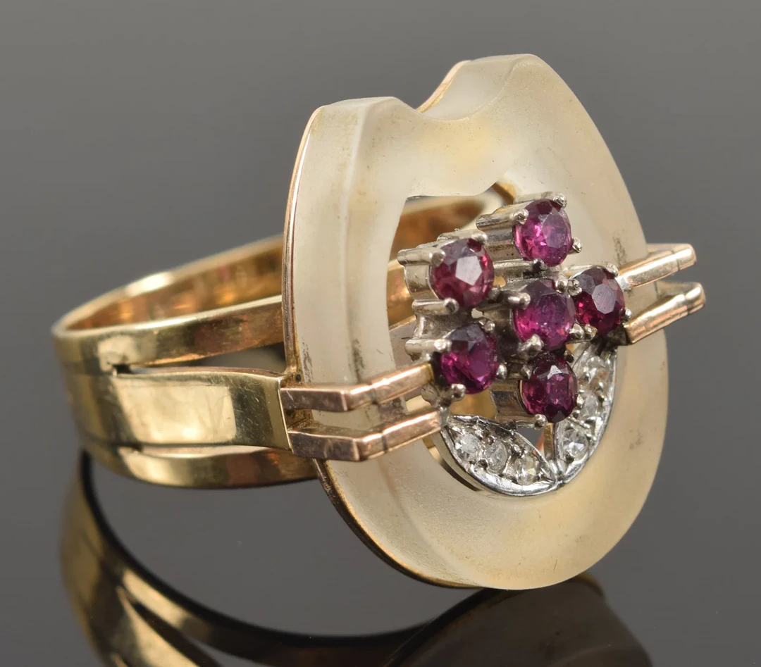 Retro 14K gold ruby, diamond and crystal mounted ring. Frosted crystal