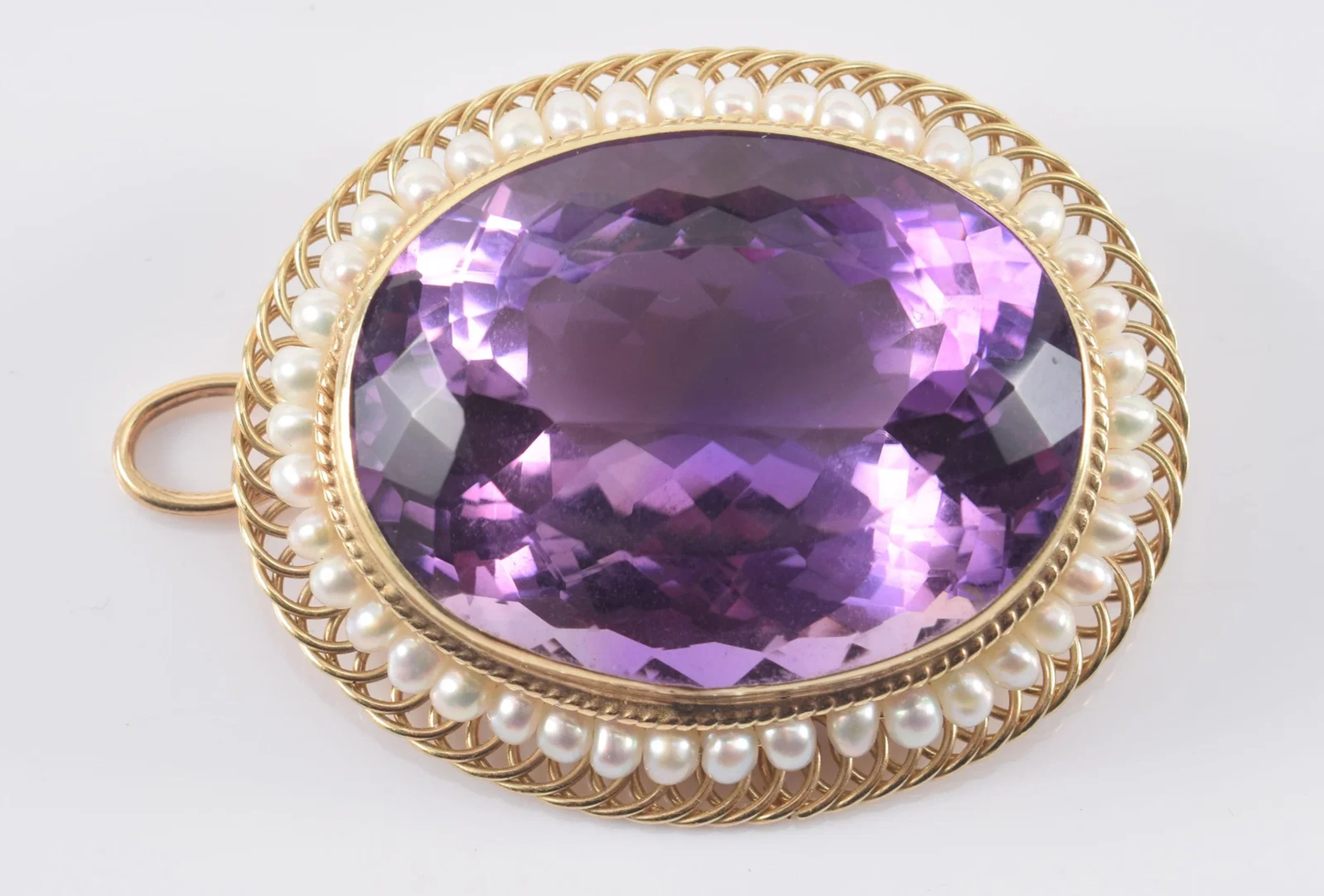 14K gold amethyst and pearl pin/pendant. Large oval cut amethyst stone