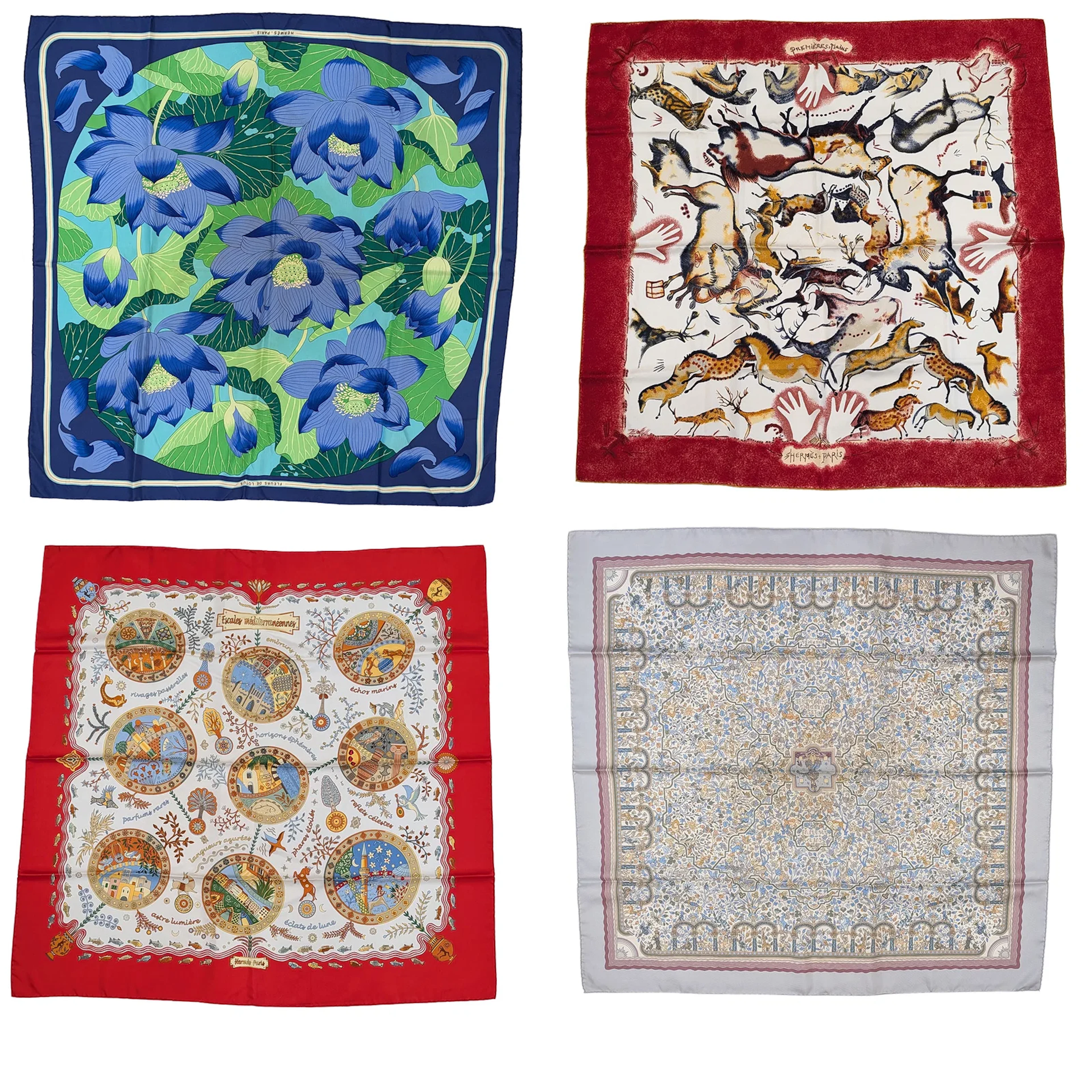4 Hermes silk scarves. Fleurs de Lotus, Escales Mediterraneenes, Premieres