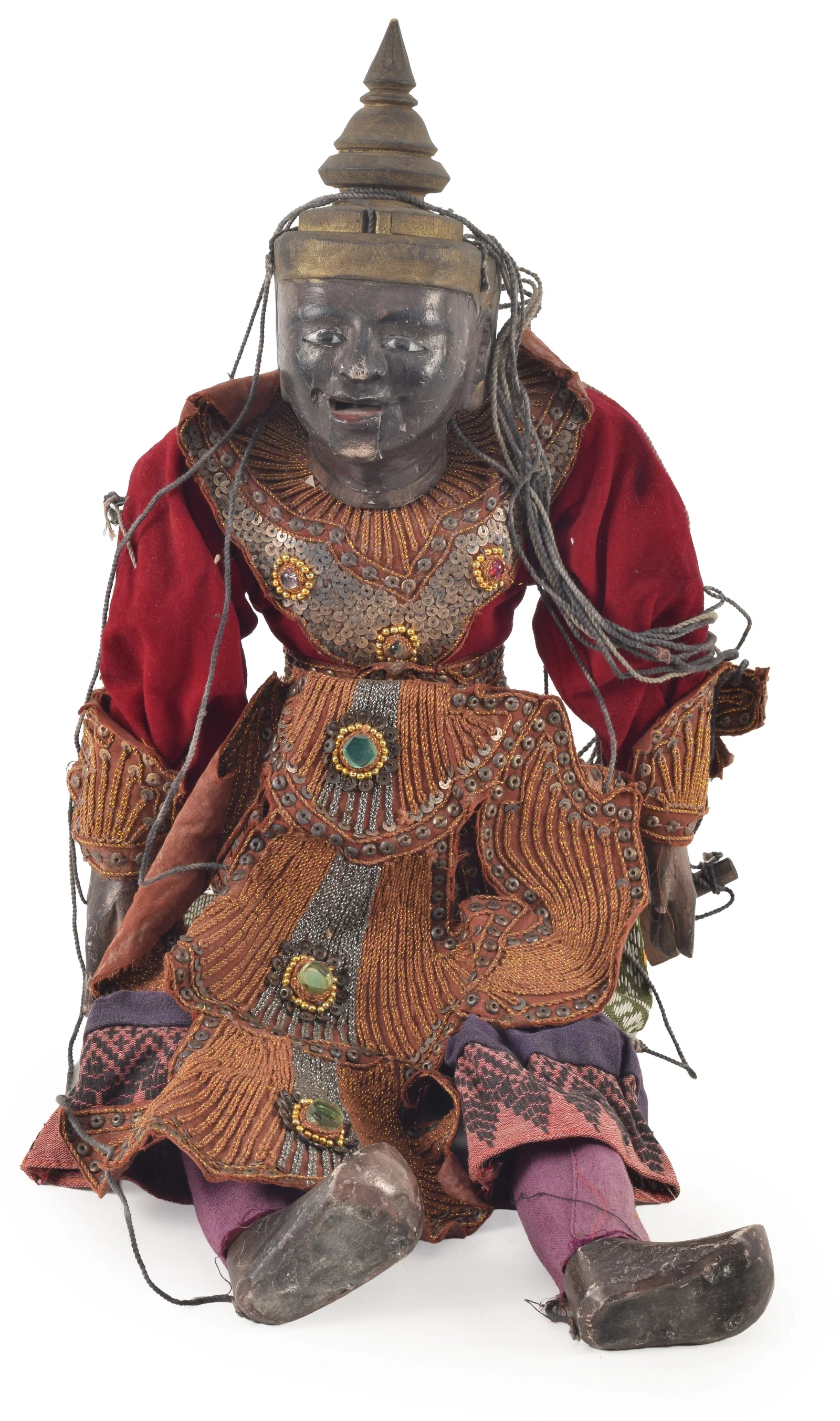 Puppet. Myanmar, ca 1950. Lacquered wooden body. Ornate later robes.