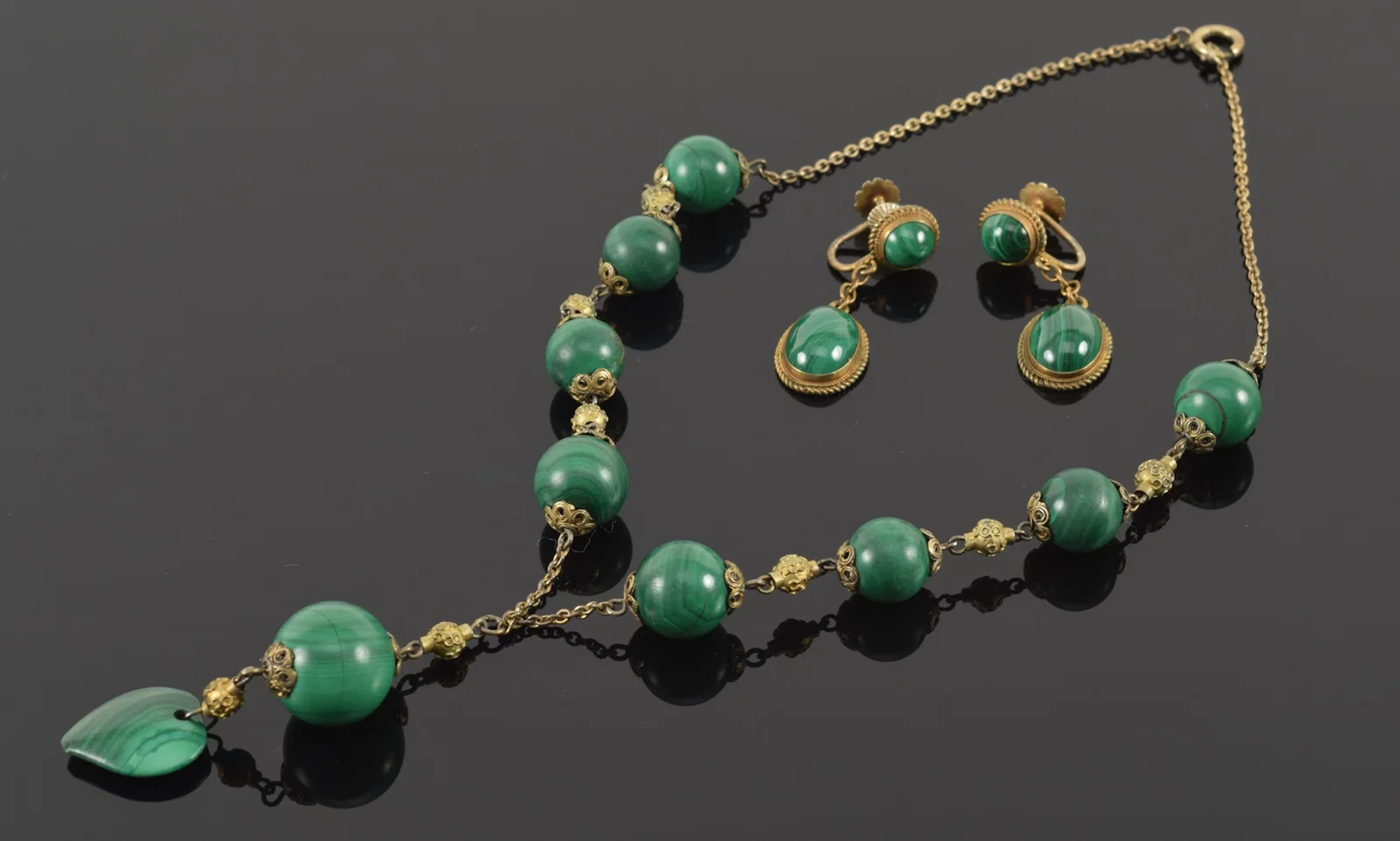 Vintage malachite jewelry. Pair of 800 silver screwback earrings together