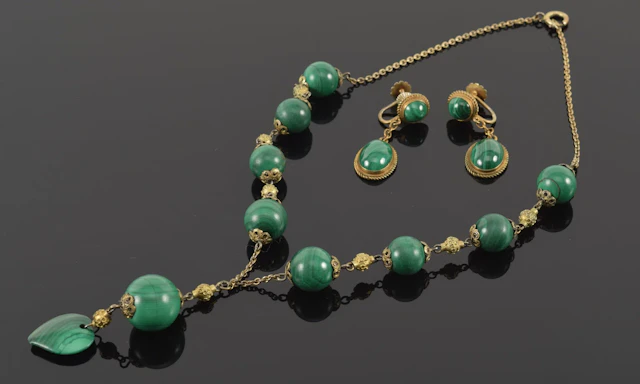 Vintage malachite jewelry. Pair of 800 silver screwback earrings together