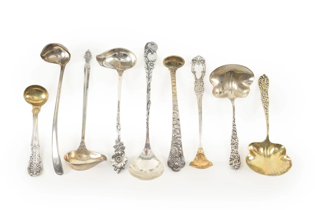 Collection of 9 Sterling silver small ladles or salt spoons. Longest