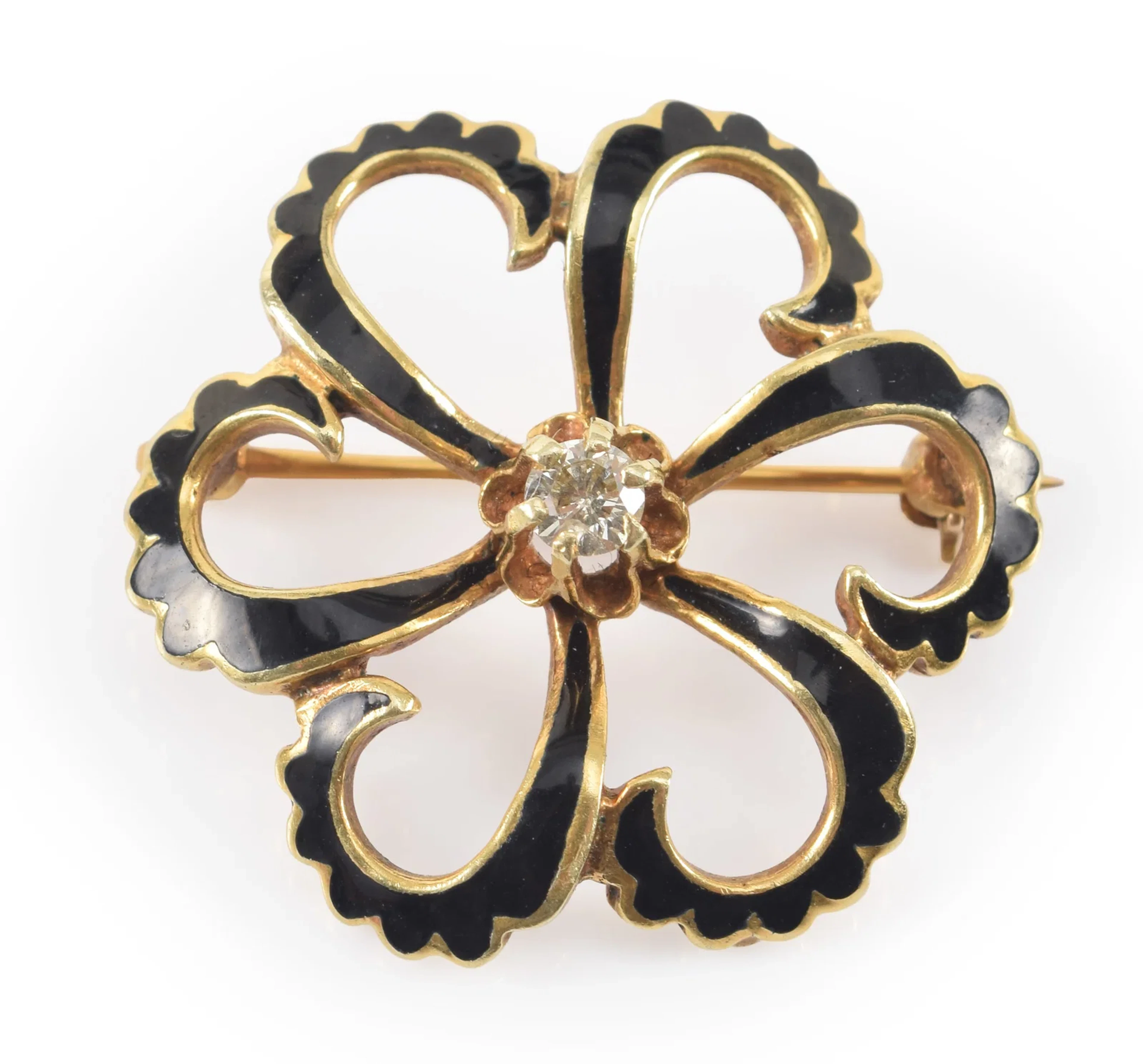 Antique 14K gold black enamel decorated diamond pin. Openwork lobbed