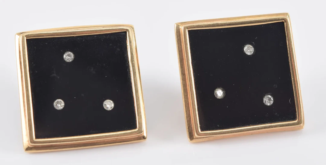 14K gold onyx and diamond earrings. Modern square form gold frame