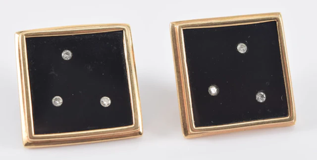 14K gold onyx and diamond earrings. Modern square form gold frame