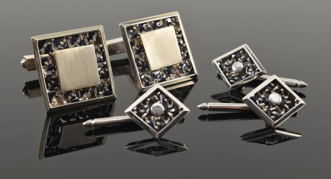 Lucien Piccard 14K white gold sapphire cufflinks and studs set. Recessed