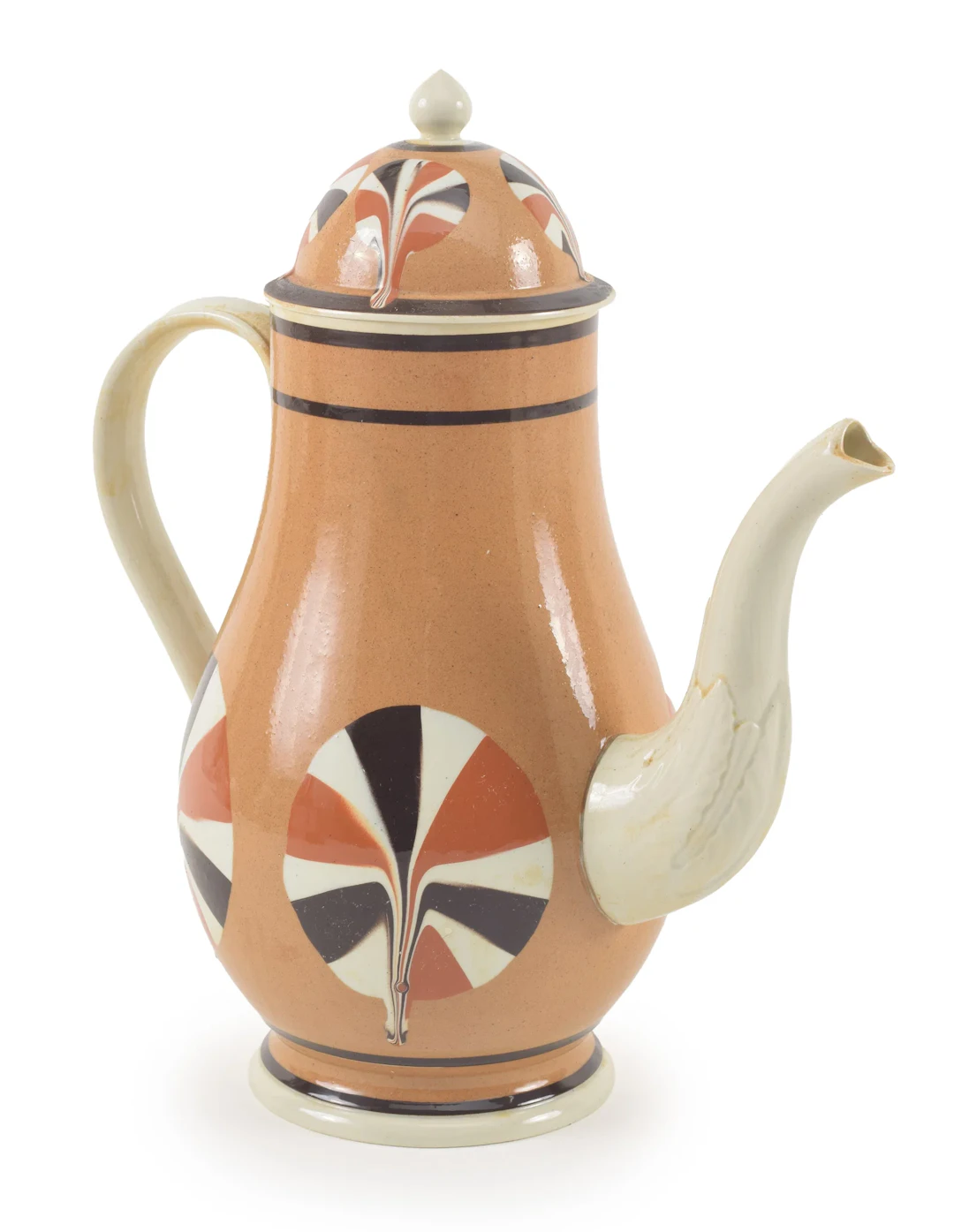 Don Carpentier large mocha ware coffee pot with dipped fan decoration.
