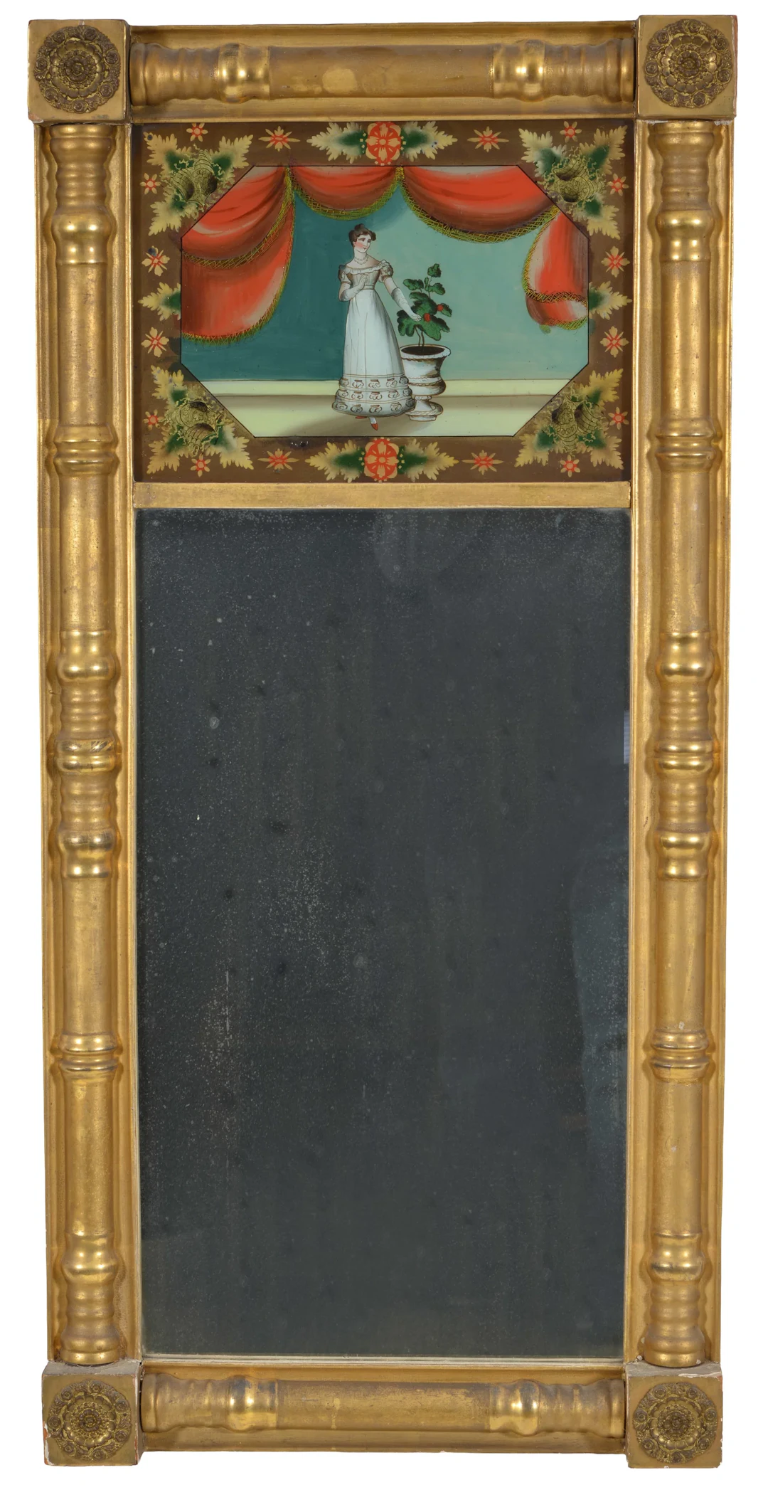 Sheraton gilt split column mirror with reverse painted table of classical