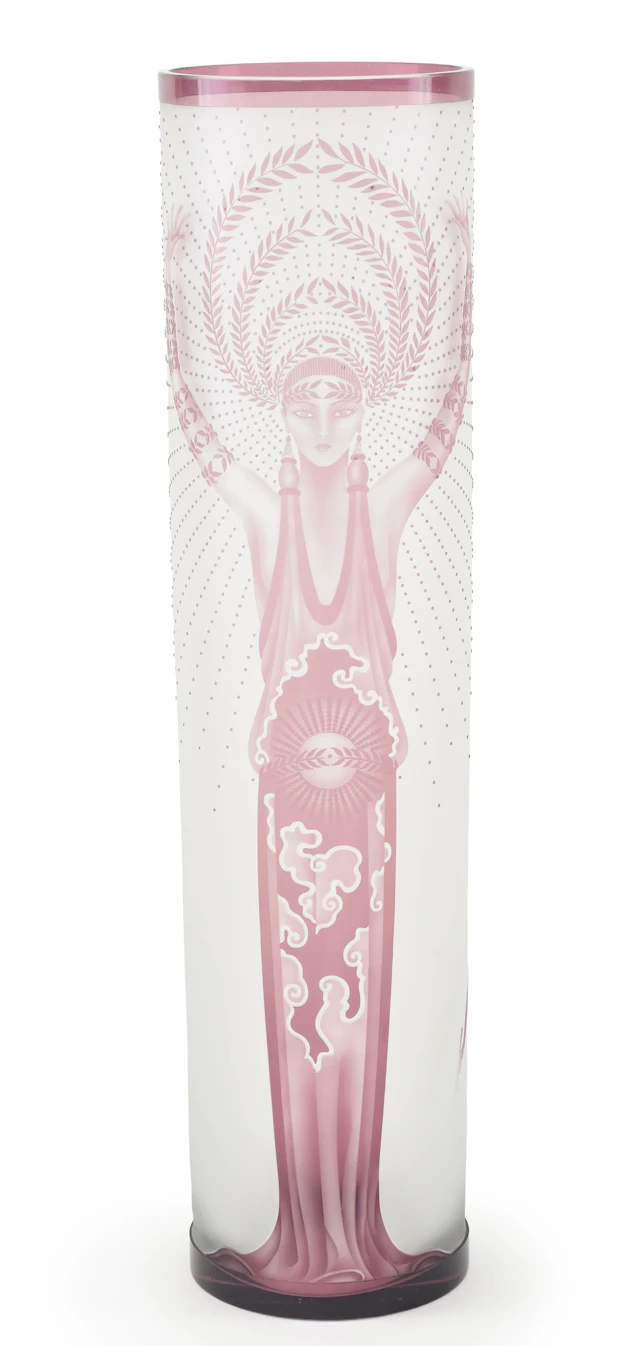 Erte "Diana" limited edition glass vase. Art Deco style frosted and