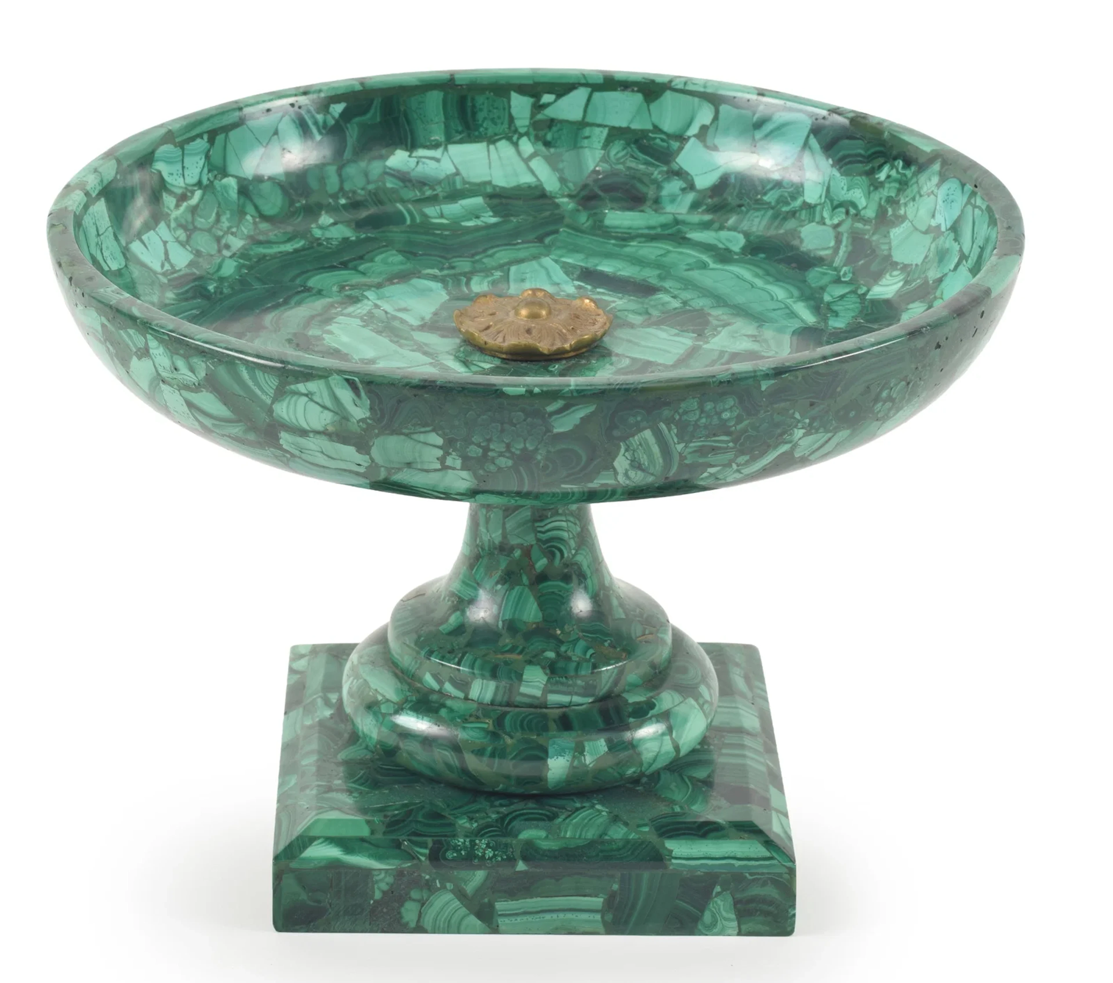 Malachite footed tazza, early 20th century. Mosaic effect malachite