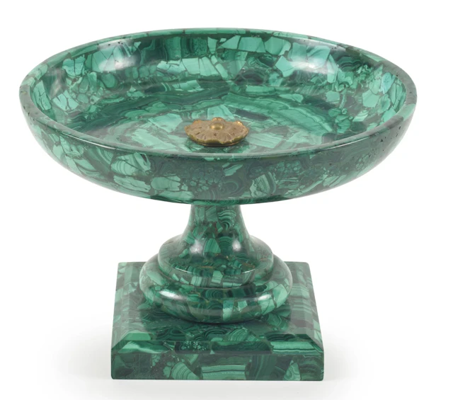 Malachite footed tazza, early 20th century. Mosaic effect malachite
