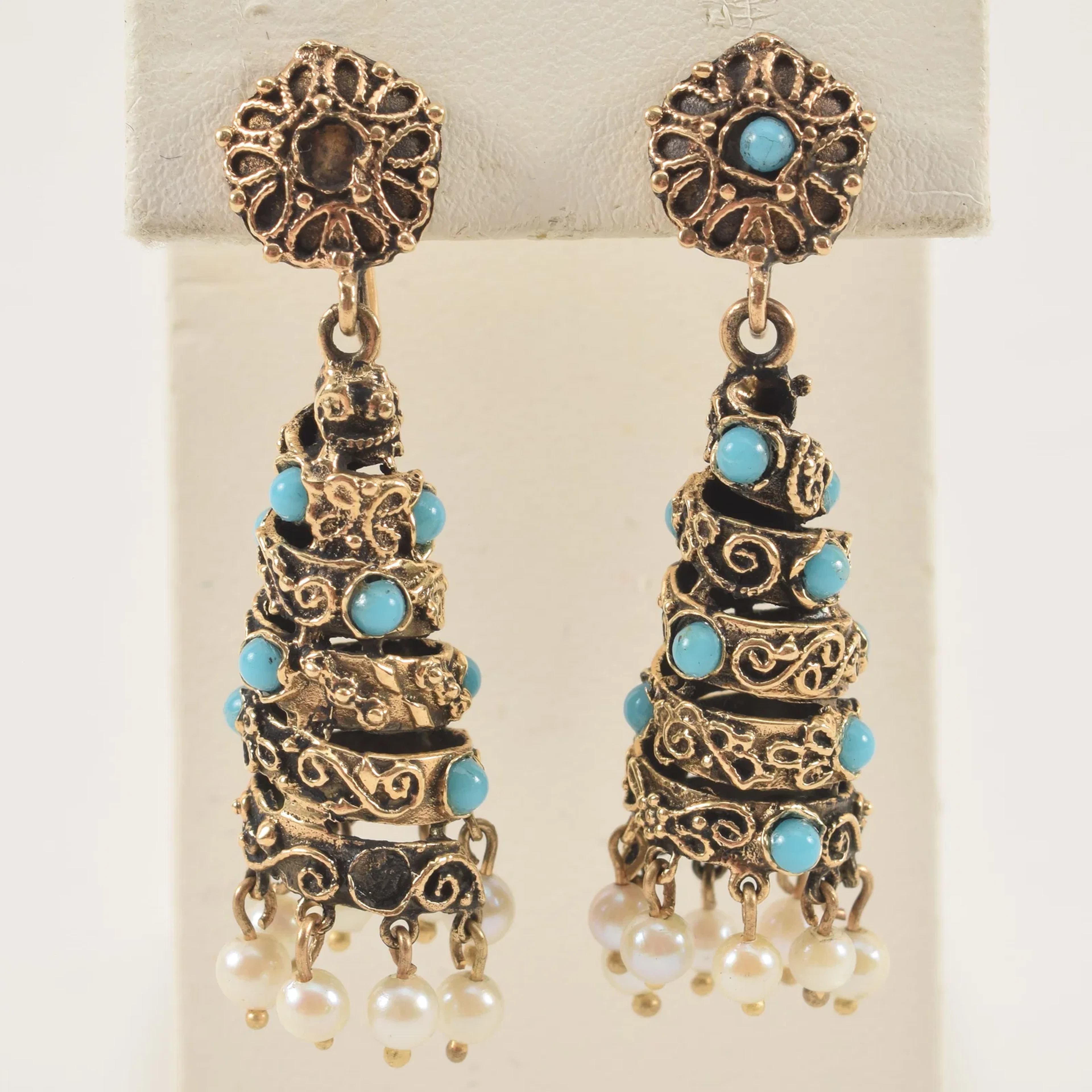 14K gold turquoise and pearl pendant earrings. Spiral conical form