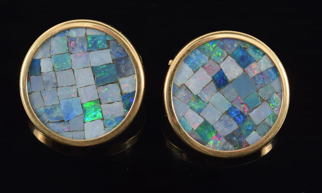 14K gold opal mosaic earrings. Round form gold frames with fields