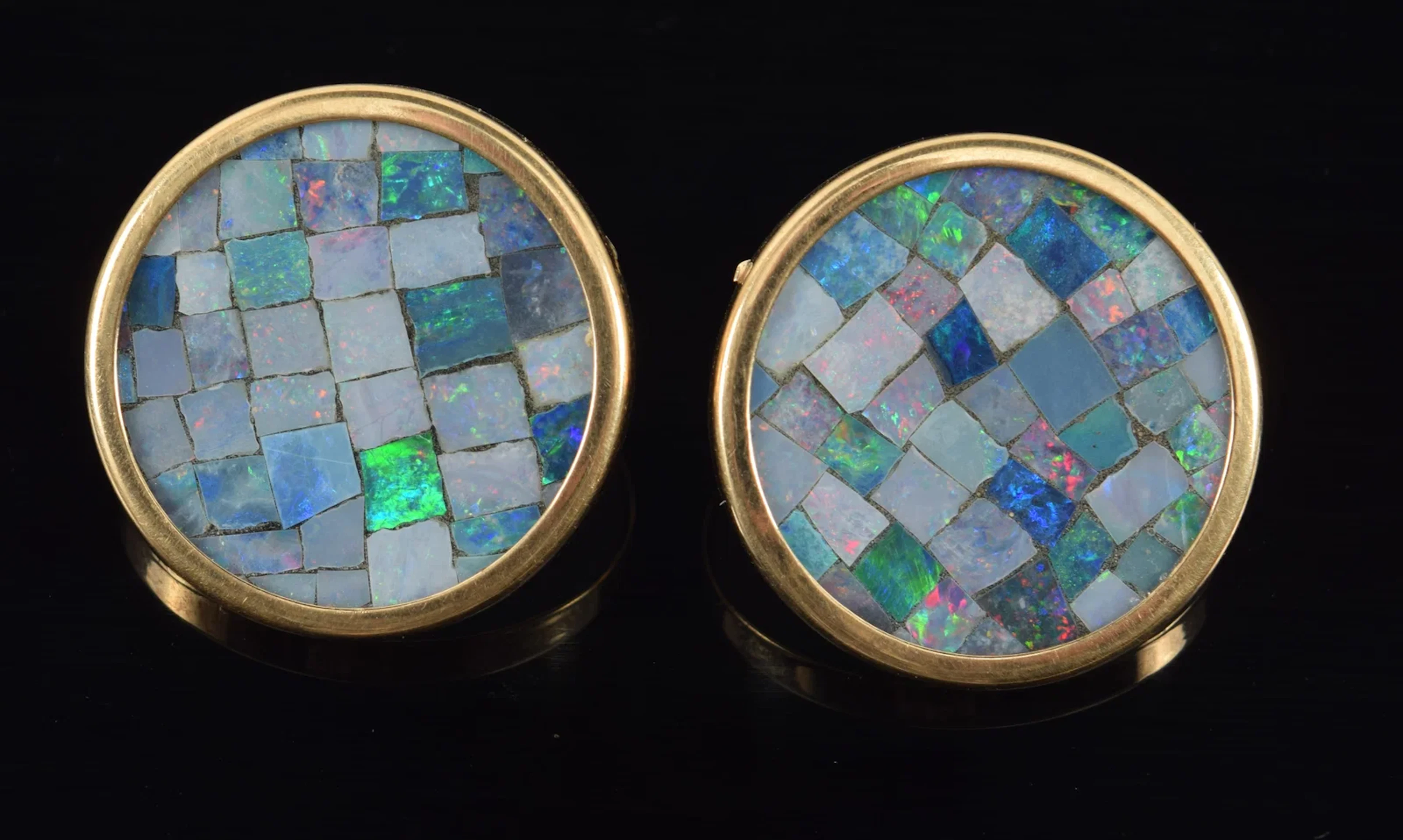 14K gold opal mosaic earrings. Round form gold frames with fields