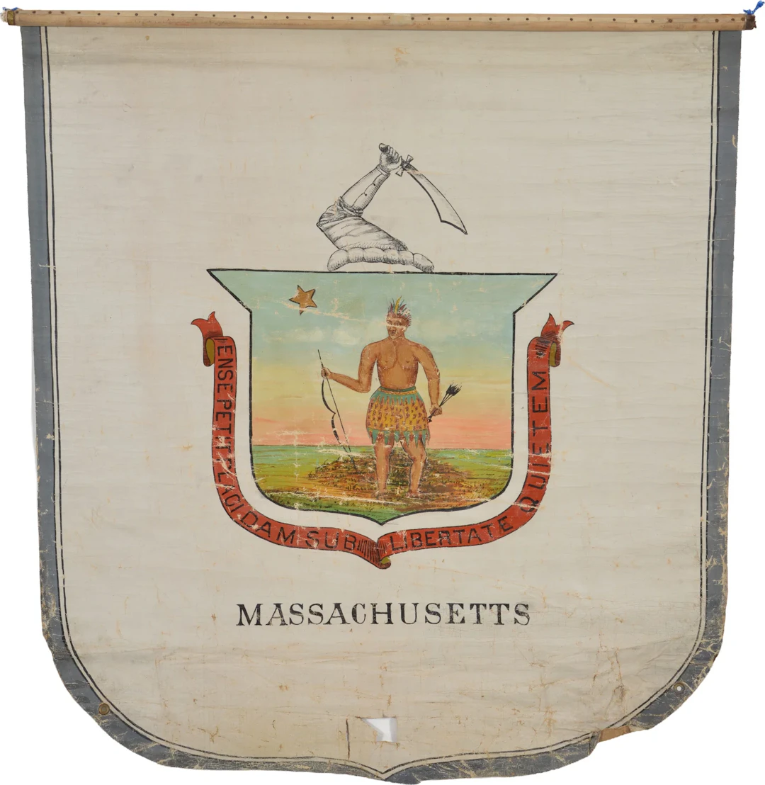 19th Century ceremonial hanging banner with the Massachusetts state