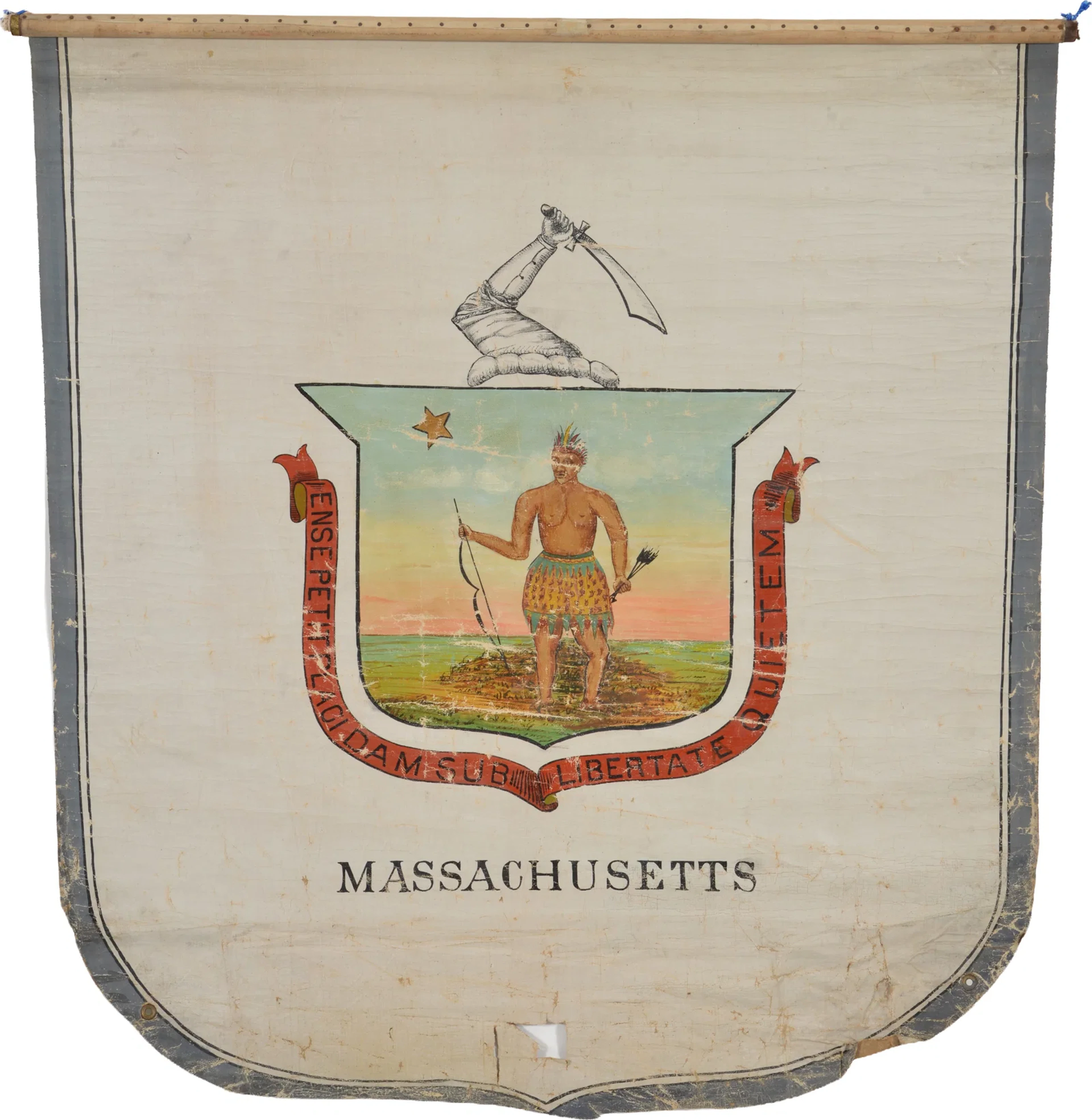 19th Century ceremonial hanging banner with the Massachusetts state