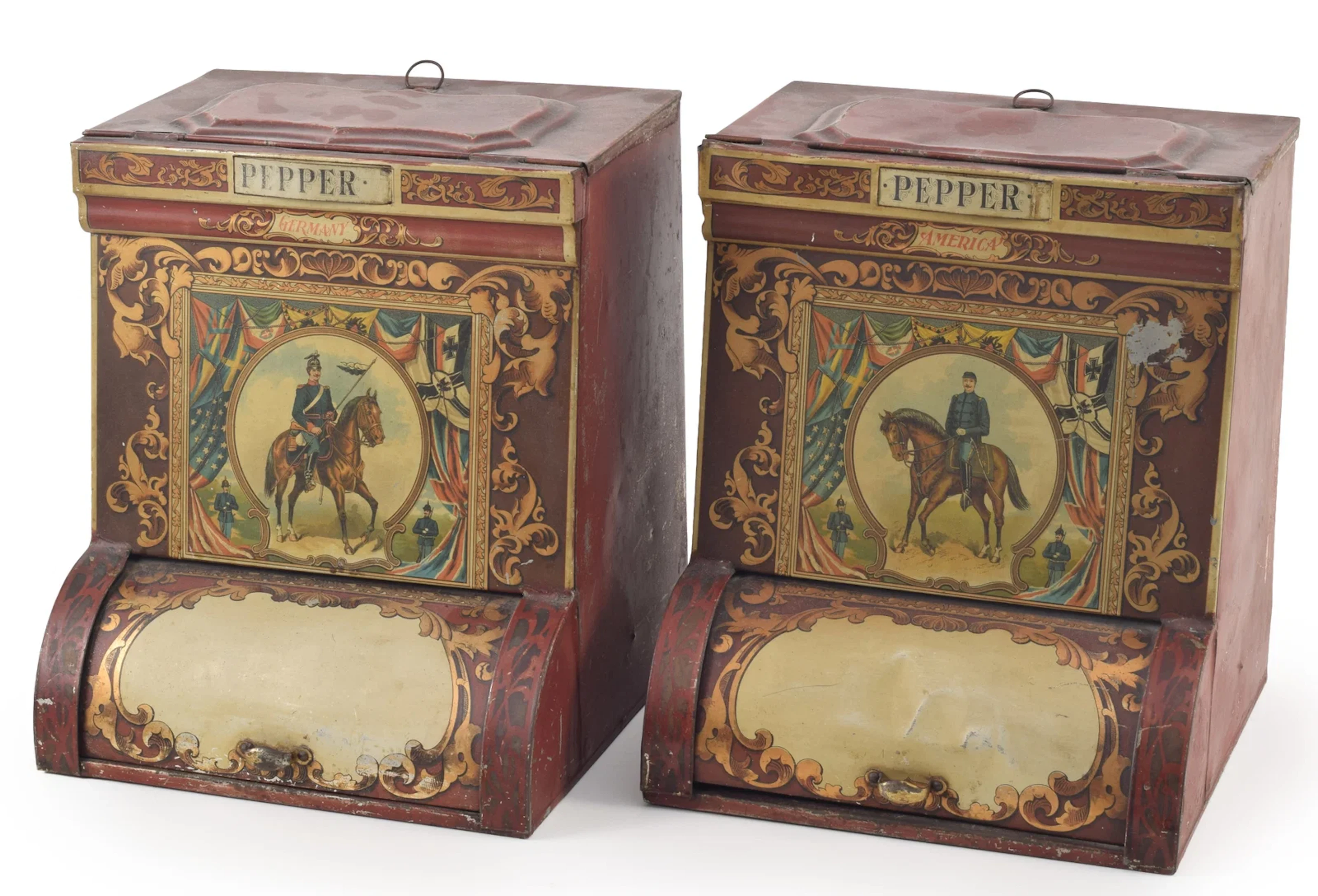 Pair of chromolithographed tole spice cannisters with depictions of