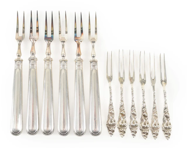 2 Sets of 6 Sterling oyster forks, one set with hollow handles and