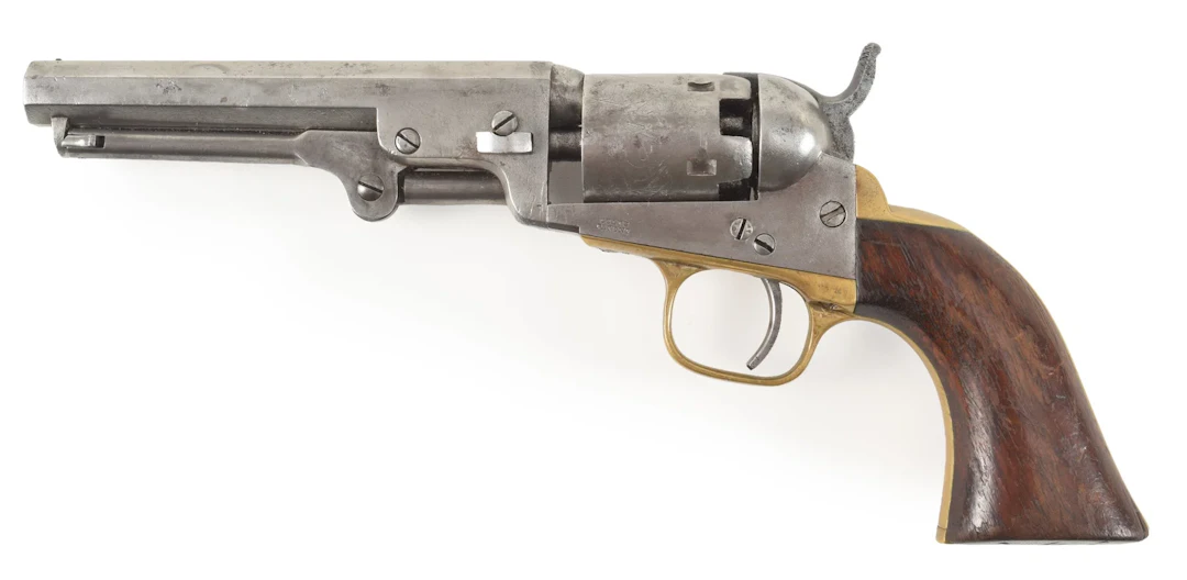 Colt model 1849 pocket revolver with 5" barrel, .31 caliber. Manufactured