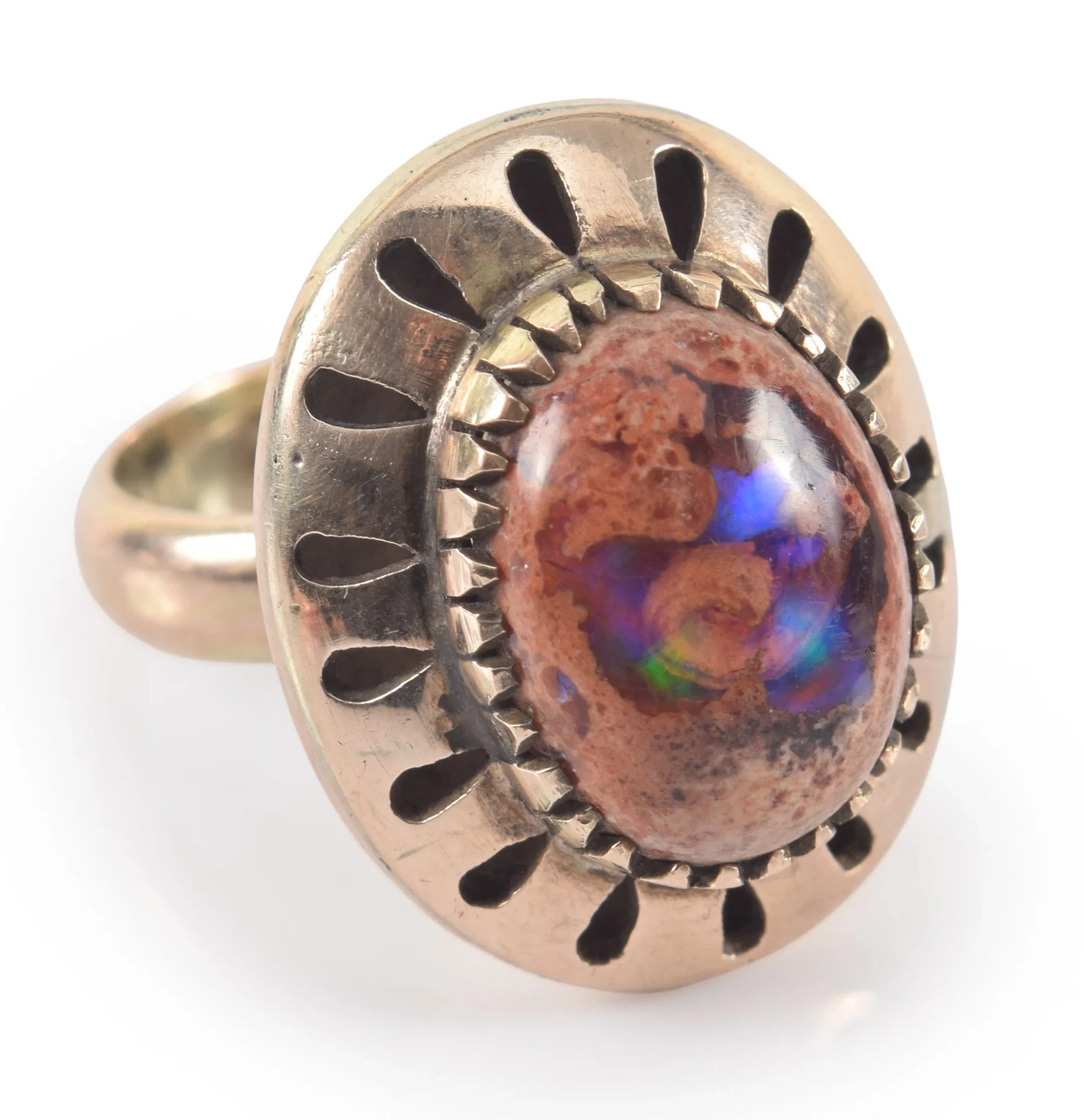 14K gold fire opal ring. Fine and unusual opal specimen with flecks