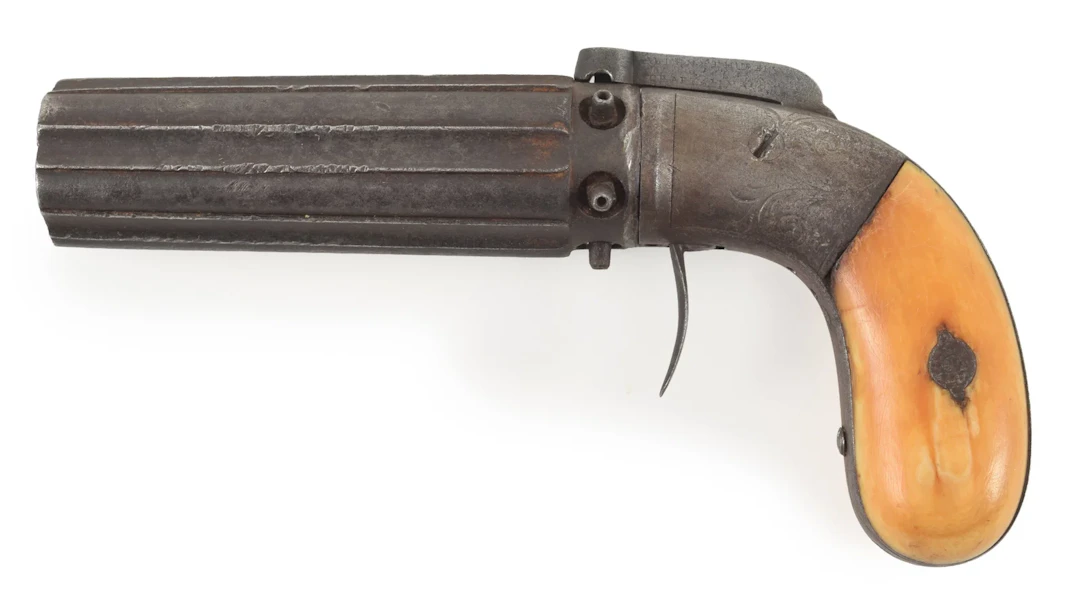 Allen & Thurber pepperbox 6-shot pistol, early/mid 19th century. Engraved