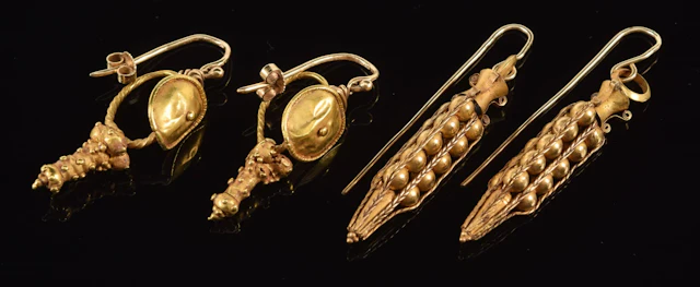 2 pairs of antique gold Etruscan Revival style earrings. 1 5/8 and