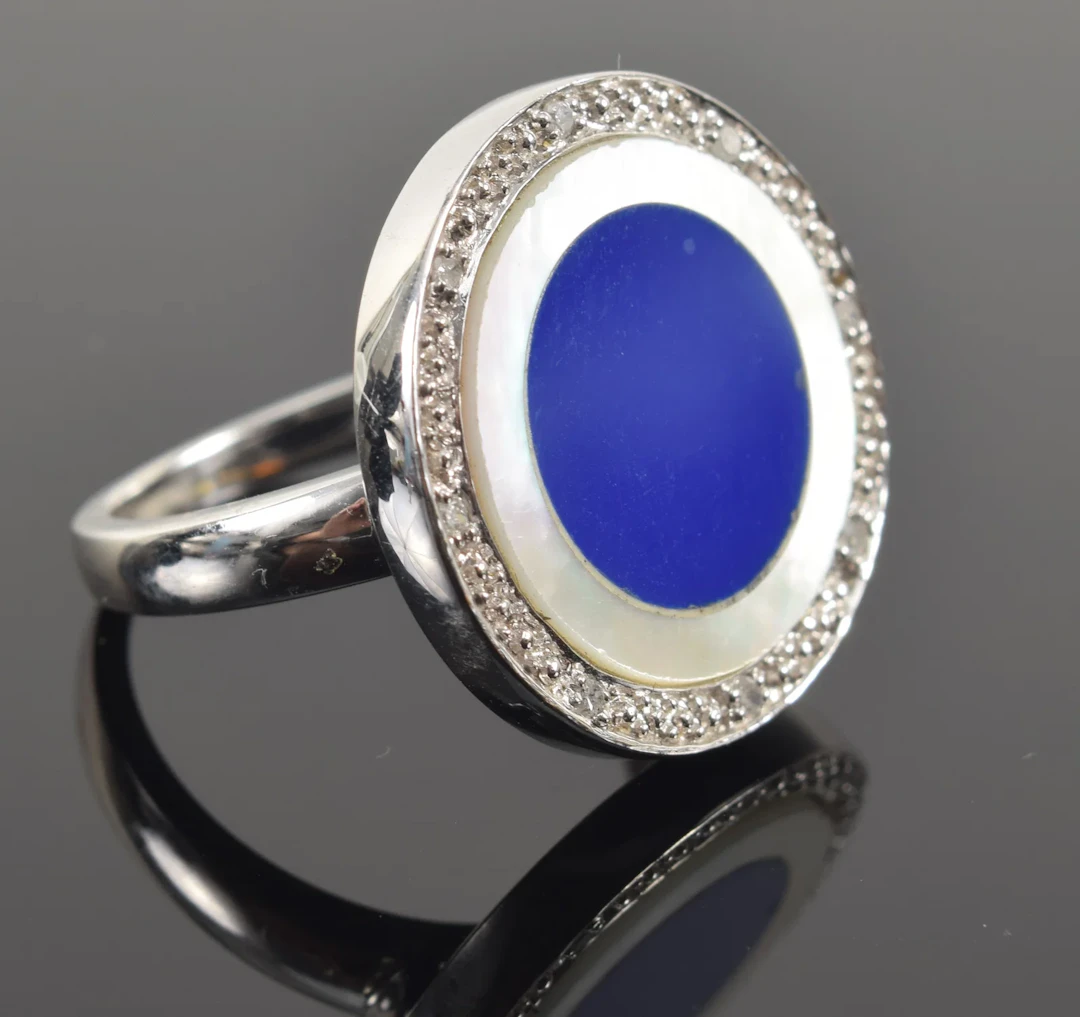 14K white gold lapis, mother of pearl, and diamond ring. Bullseye