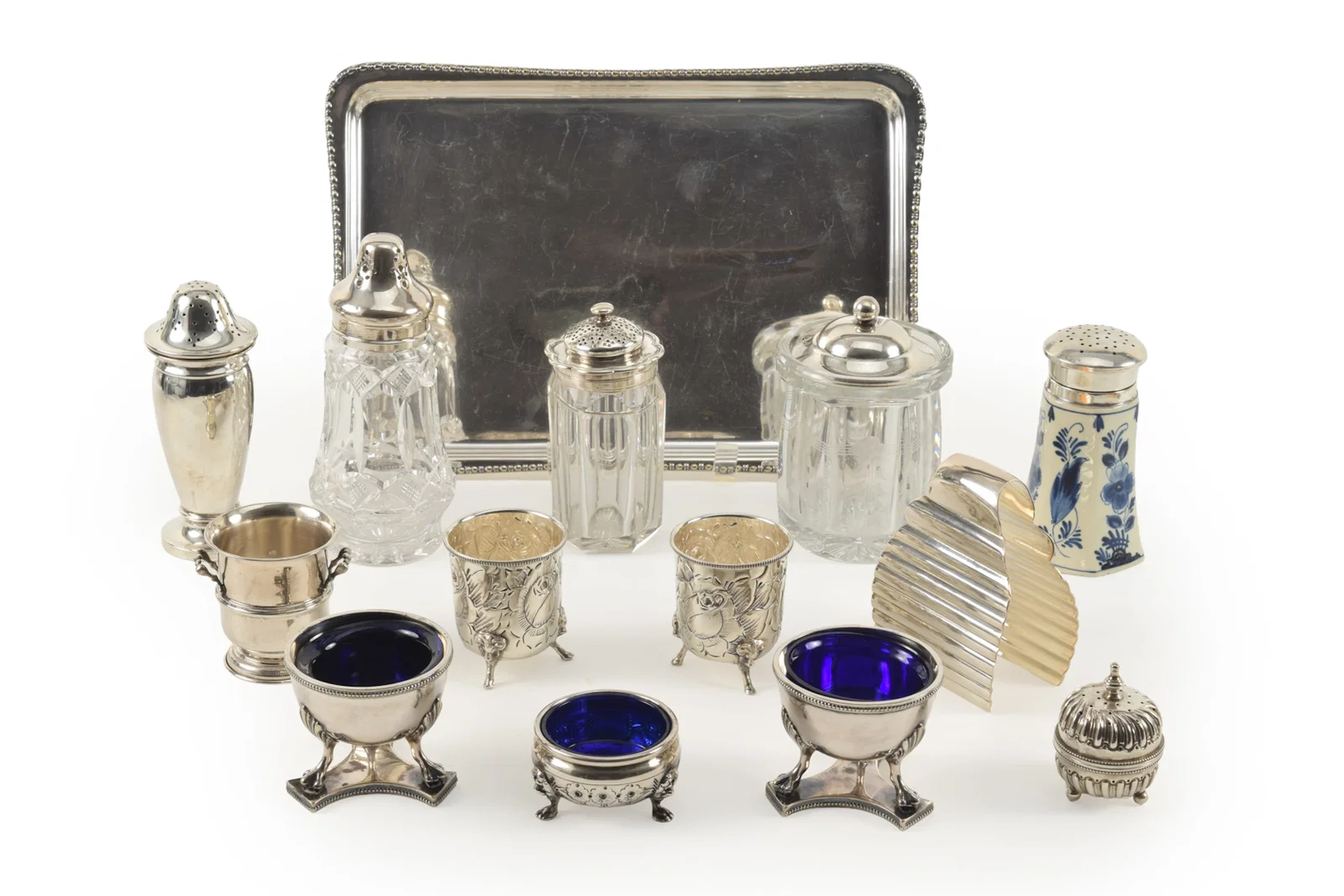 Collection of 14 tableware items, sterling and plated silver. To include