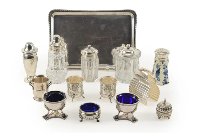 Collection of 14 tableware items, sterling and plated silver. To include
