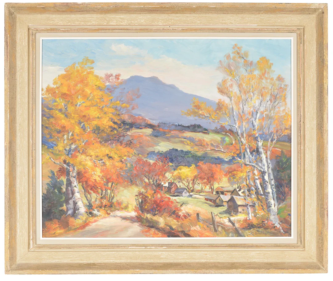 Roger Deering. Vermont landscape with village and Mt. Mansfield. Signed