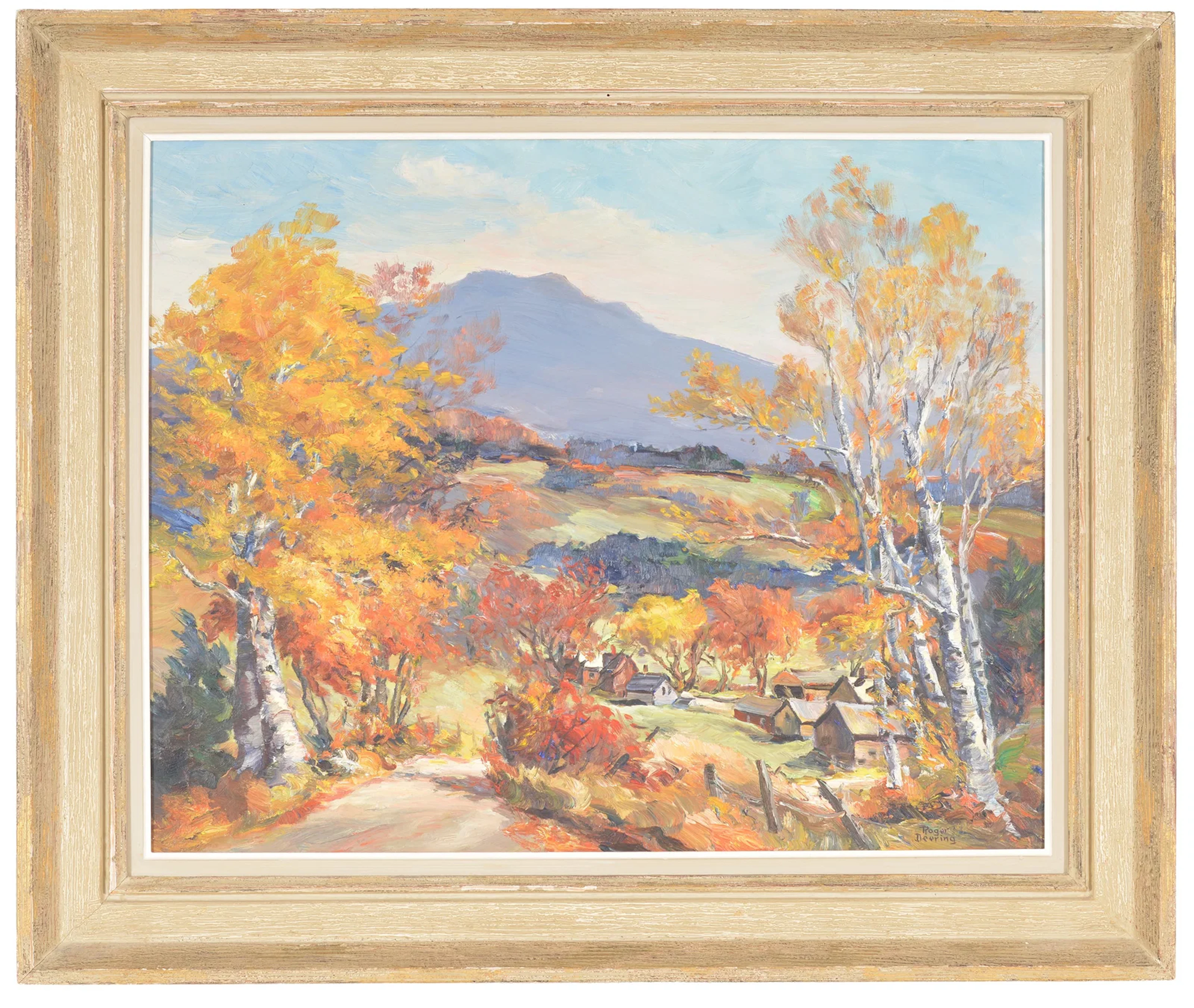 Roger Deering. Vermont landscape with village and Mt. Mansfield. Signed