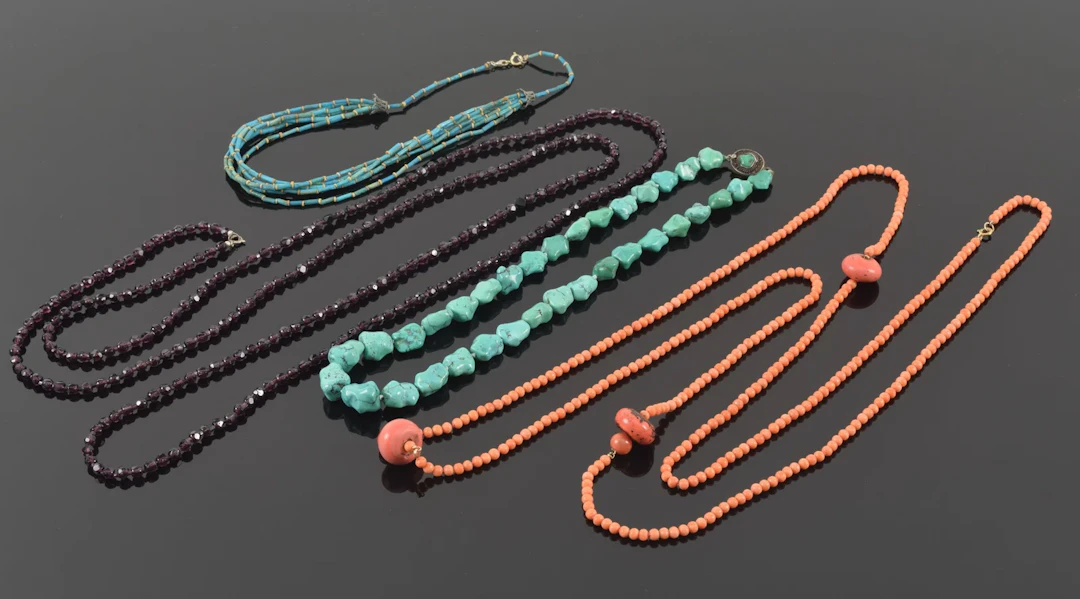 4 antique necklaces. To include: faceted amethyst bead necklace (68in