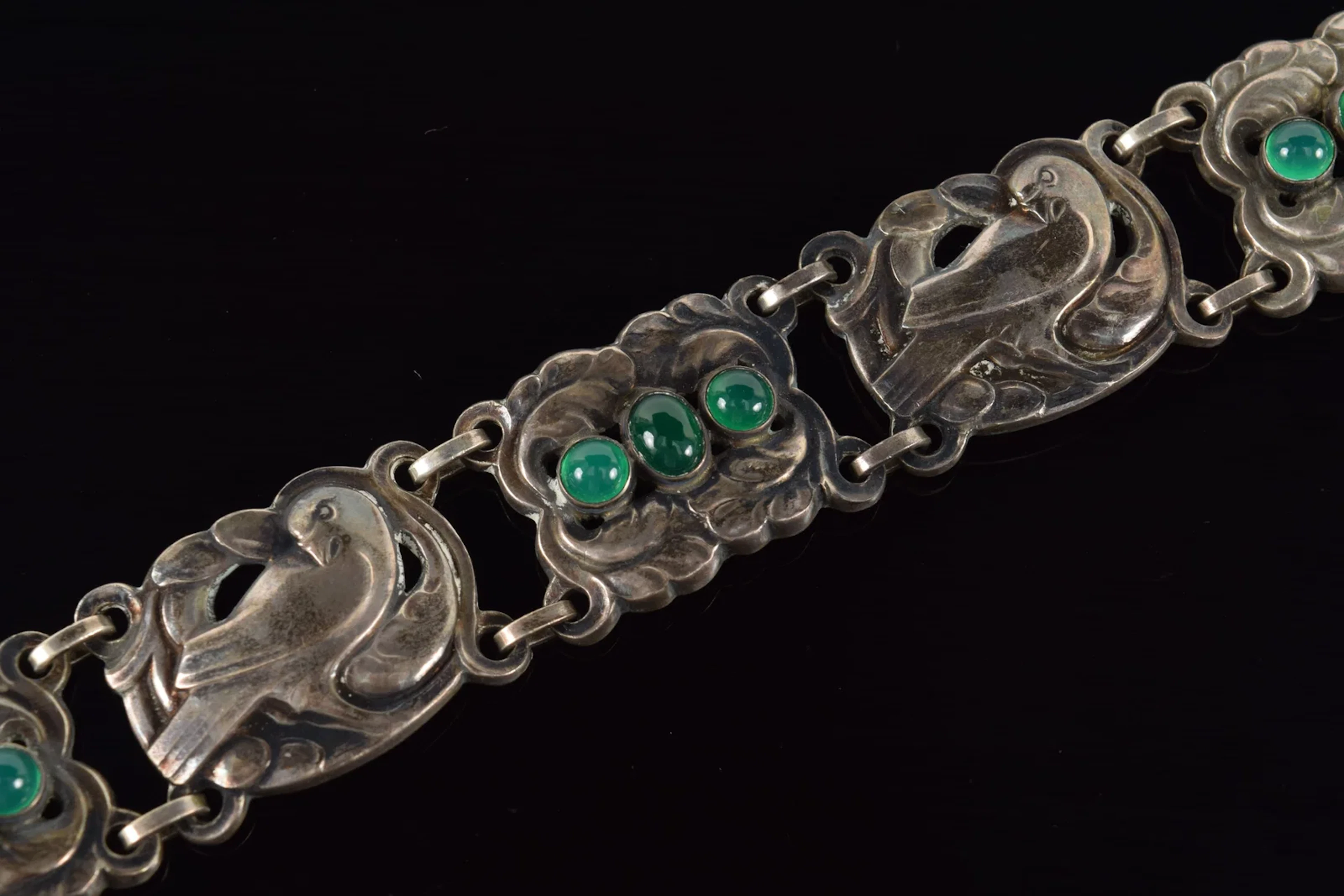 Georg Jensen sterling silver and chrysoprase dove bracelet #14. Marked