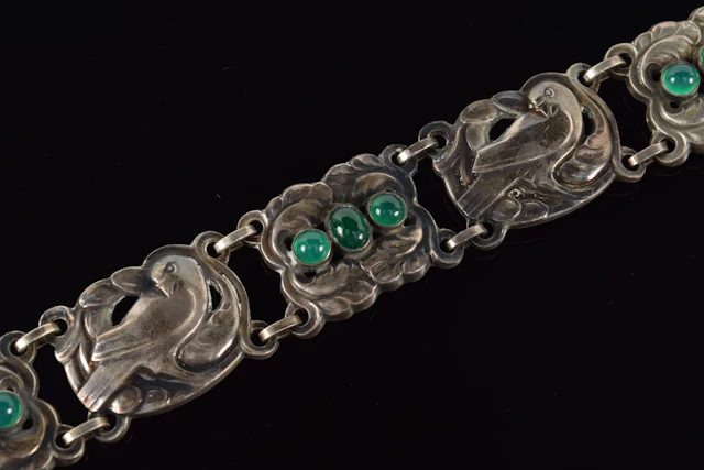 Georg Jensen sterling silver and chrysoprase dove bracelet #14. Marked