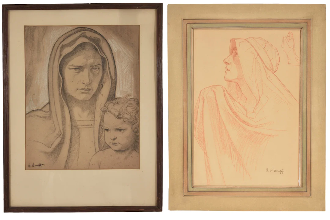 Arthur Kampf. German. 2 religious works. 1) Sanguine drawing of a