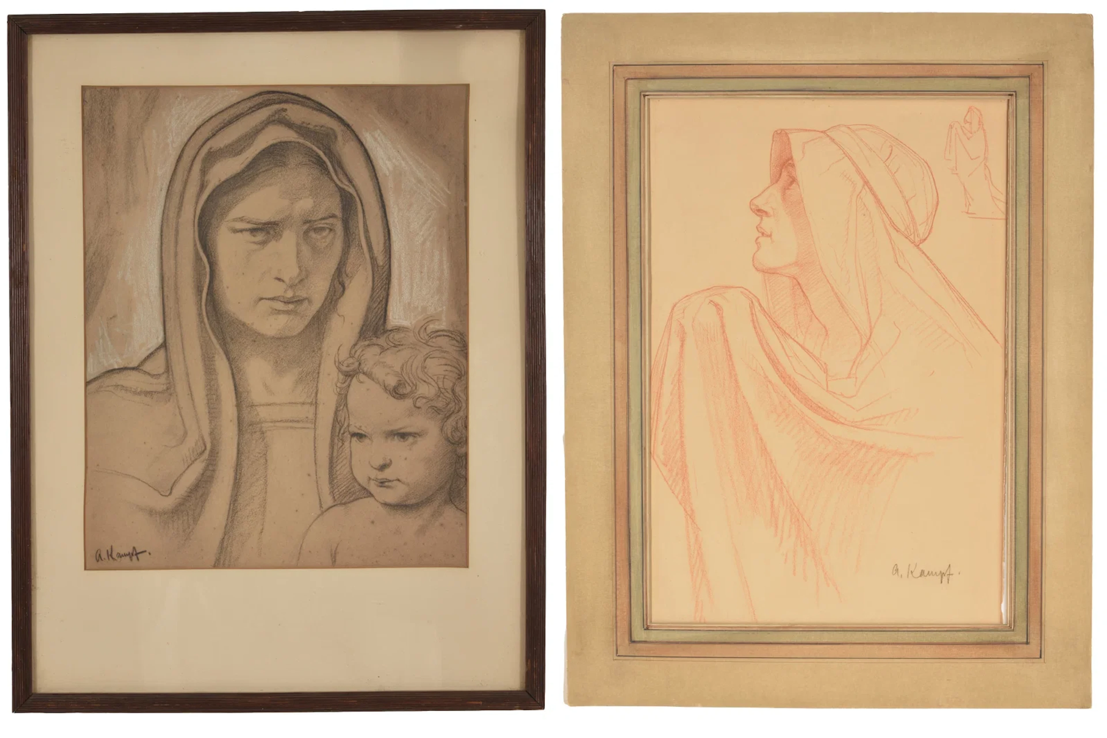 Arthur Kampf. German. 2 religious works. 1) Sanguine drawing of a